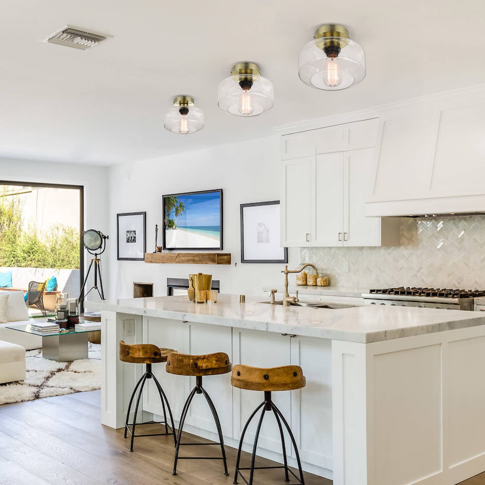 Sunrider Industrial Semi-Flush Mount Ceiling Light Fixture, Seeded Glass Pendant Lamp, Brass Farmhouse Lighting For Hallway Porc