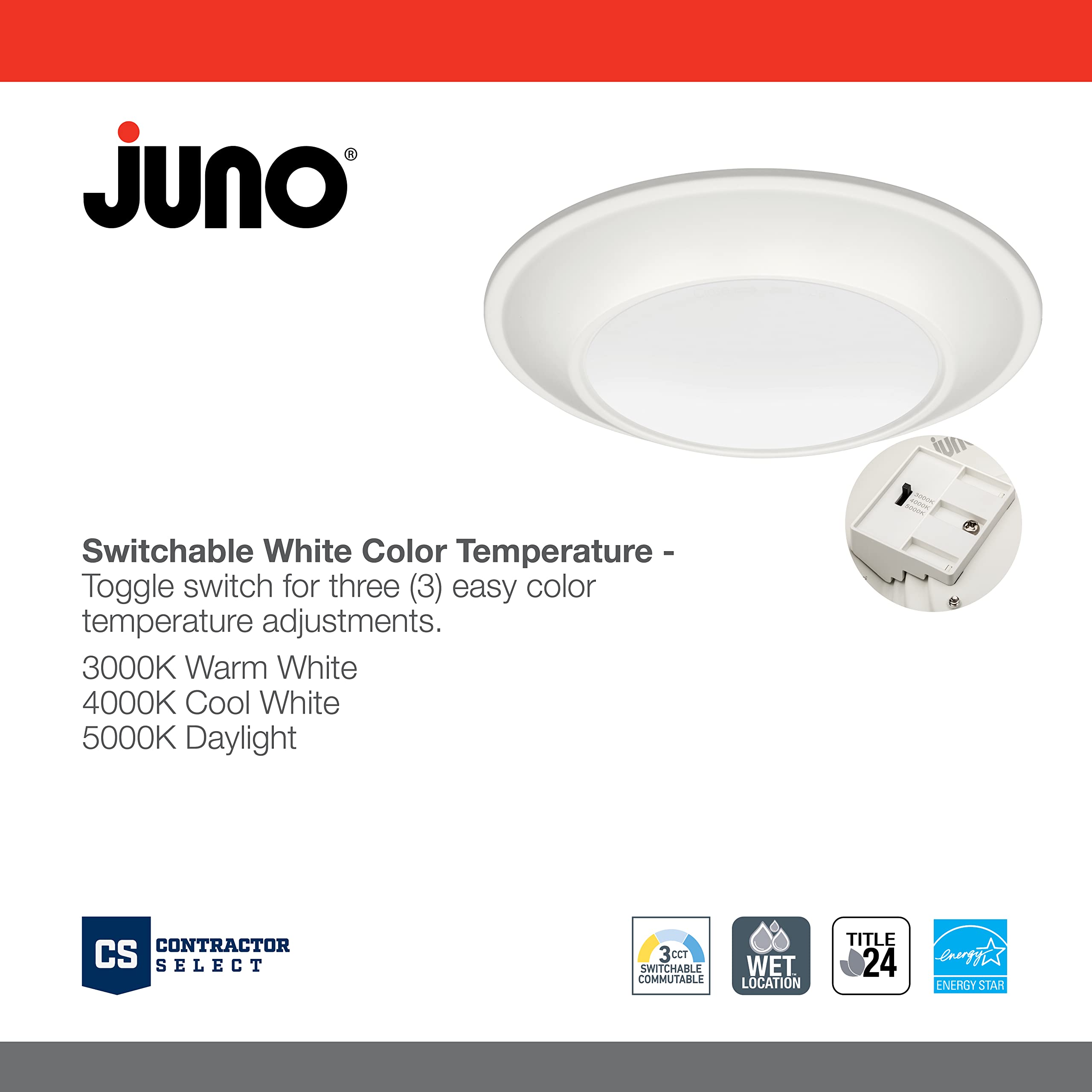 Juno Jsbt 6-Inch Slimbasics Tapered Disk Downlight, Switchable, White (1 Pack)