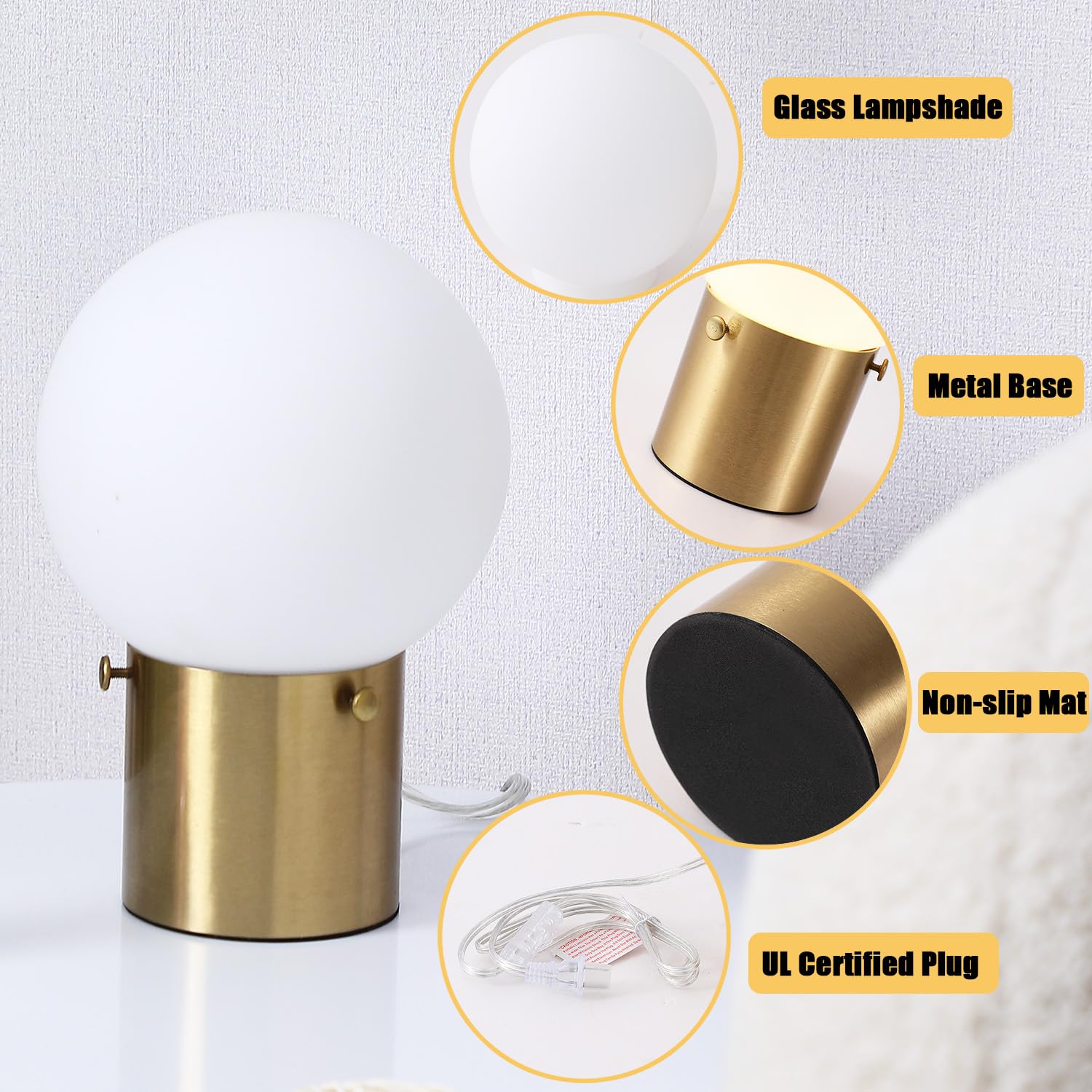 Gold Table Lamp For Nightstand With Frosted Glass Globe Lamp Shade, Mid Century Modern Bedside Lamp With Gold Metal Base, Small Nightstand Lamp Side Table Lamp For Bedroom Living Room Entryway