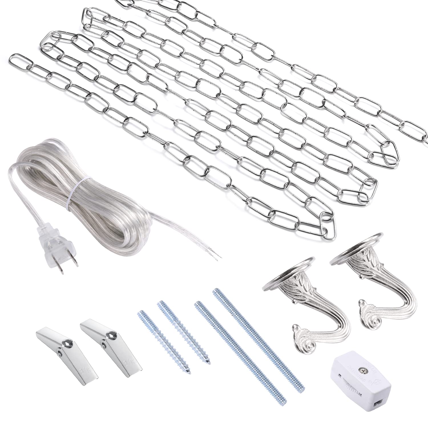 Canomo Swag Lighting Kit - 12ft Chandelier Chain & 15ft Cord, Silver, Iron, Model Swag-s, Includes Instructions for Easy Installation
