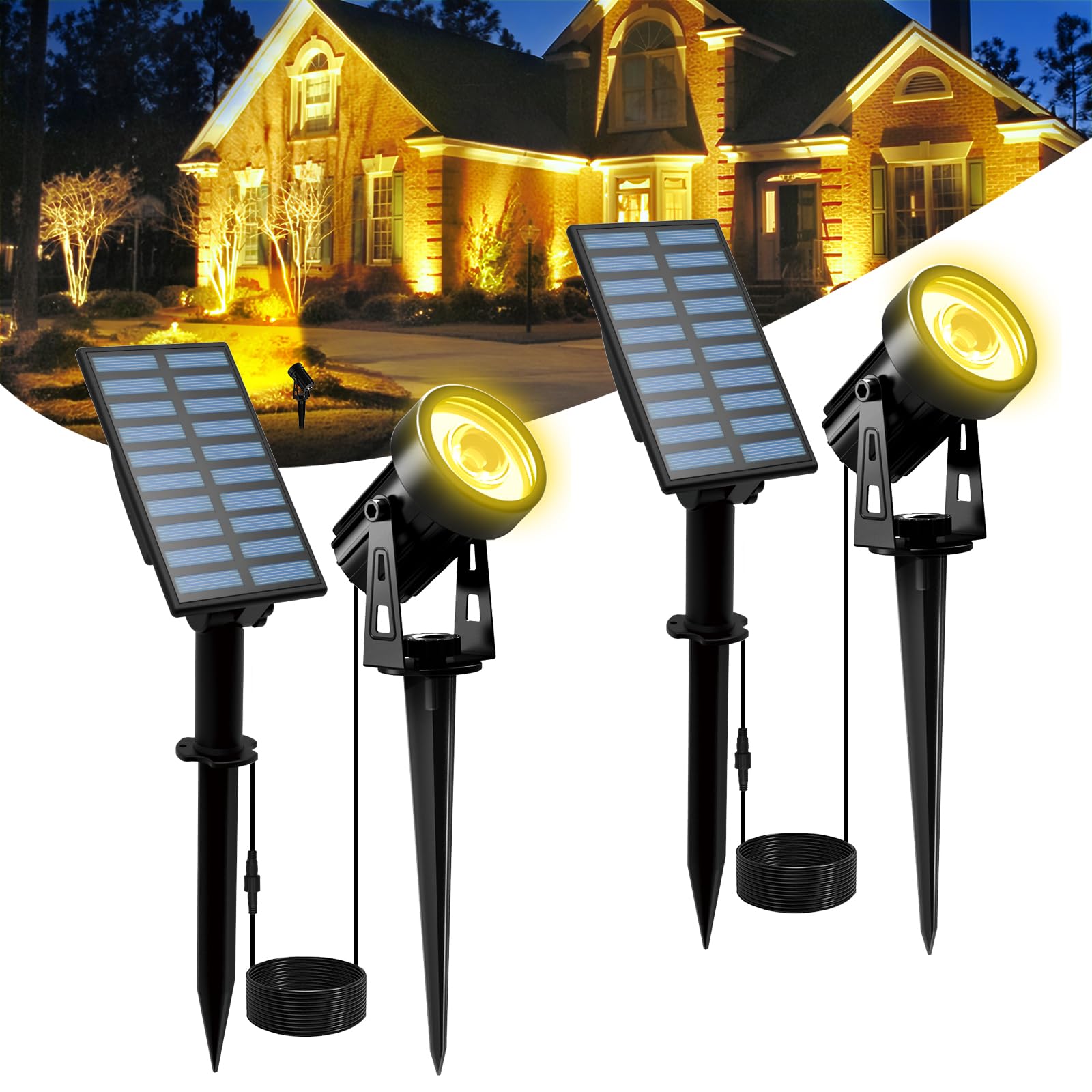 T-SUNUS Solar Landscape Spotlights 2 Pack Warm White, IP65 Waterproof Solar Lights 9.8ft Cable, Outdoor LED Spot Wall Light 3000
