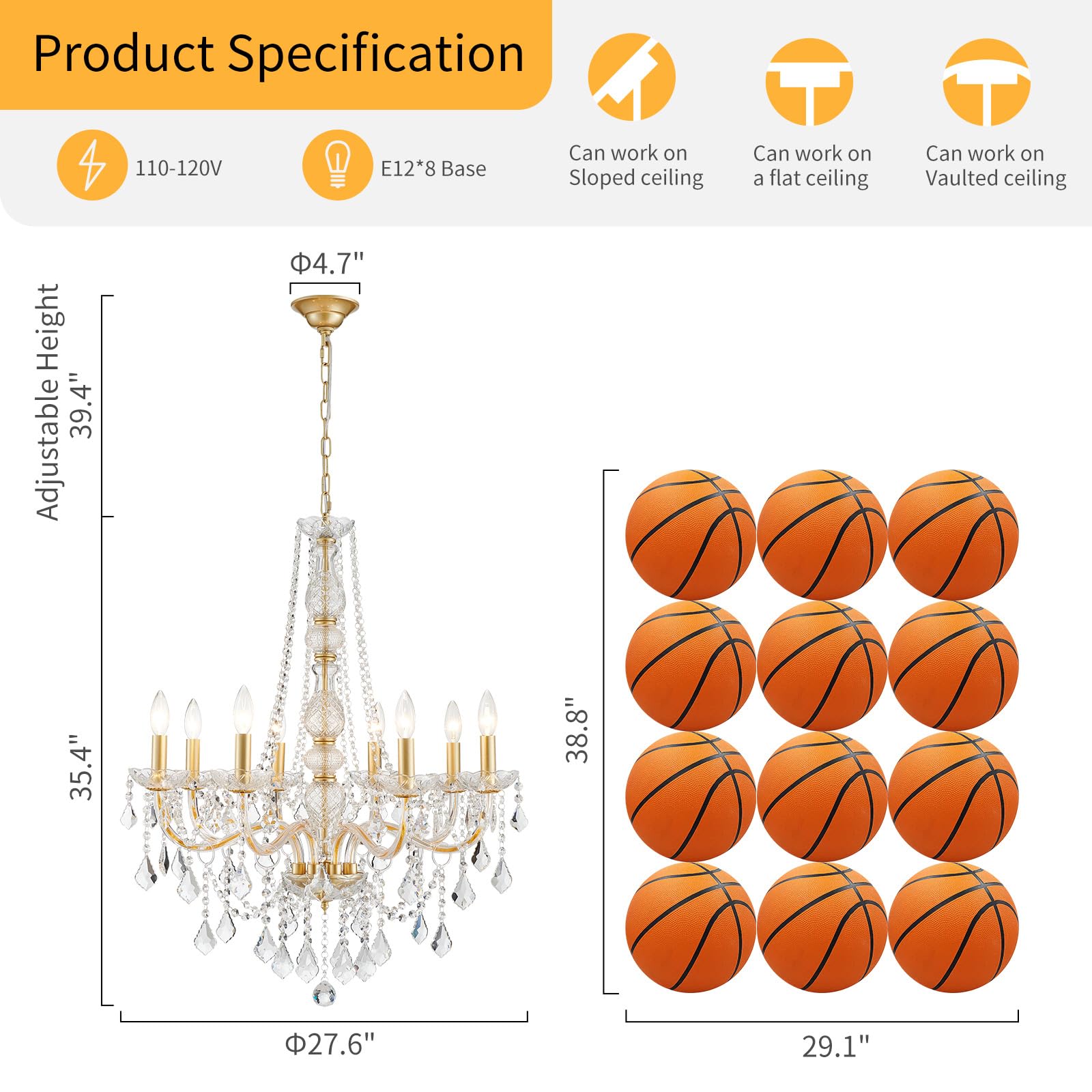 Wuzups 8-Light Crystal Candle Chandelier Pendant Ceiling Light Modern Lighting Fixture For Bedroom Hallway Bar Kitchen Bathroom  H 35.4 W 27.6  E12 Base  Gold