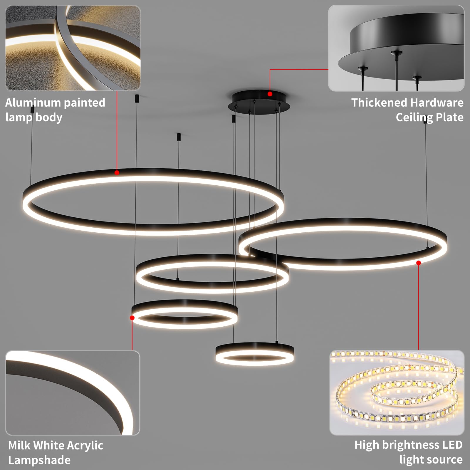 Matven Modern Ceiling Chandelier Light, Dimmable 3 Color Mode, Remote Control, 11.8-39.3in, Black, Model KD-YX
