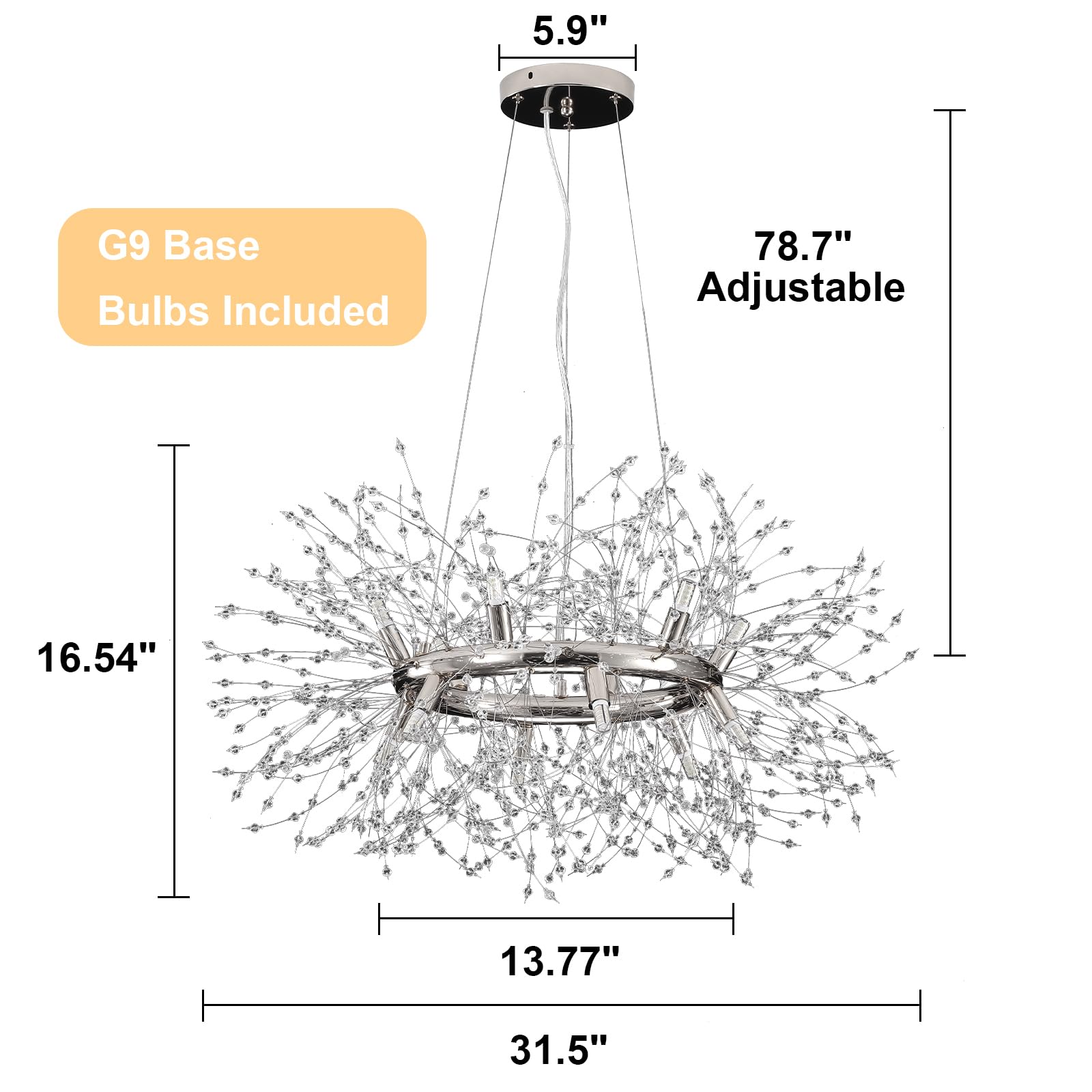 Huoku Modern Crystal Dandelion Chandelier, 12-Light (Bulb Included) Chrome Firework Dining Room Light Fixtures, Round Hanging Pe