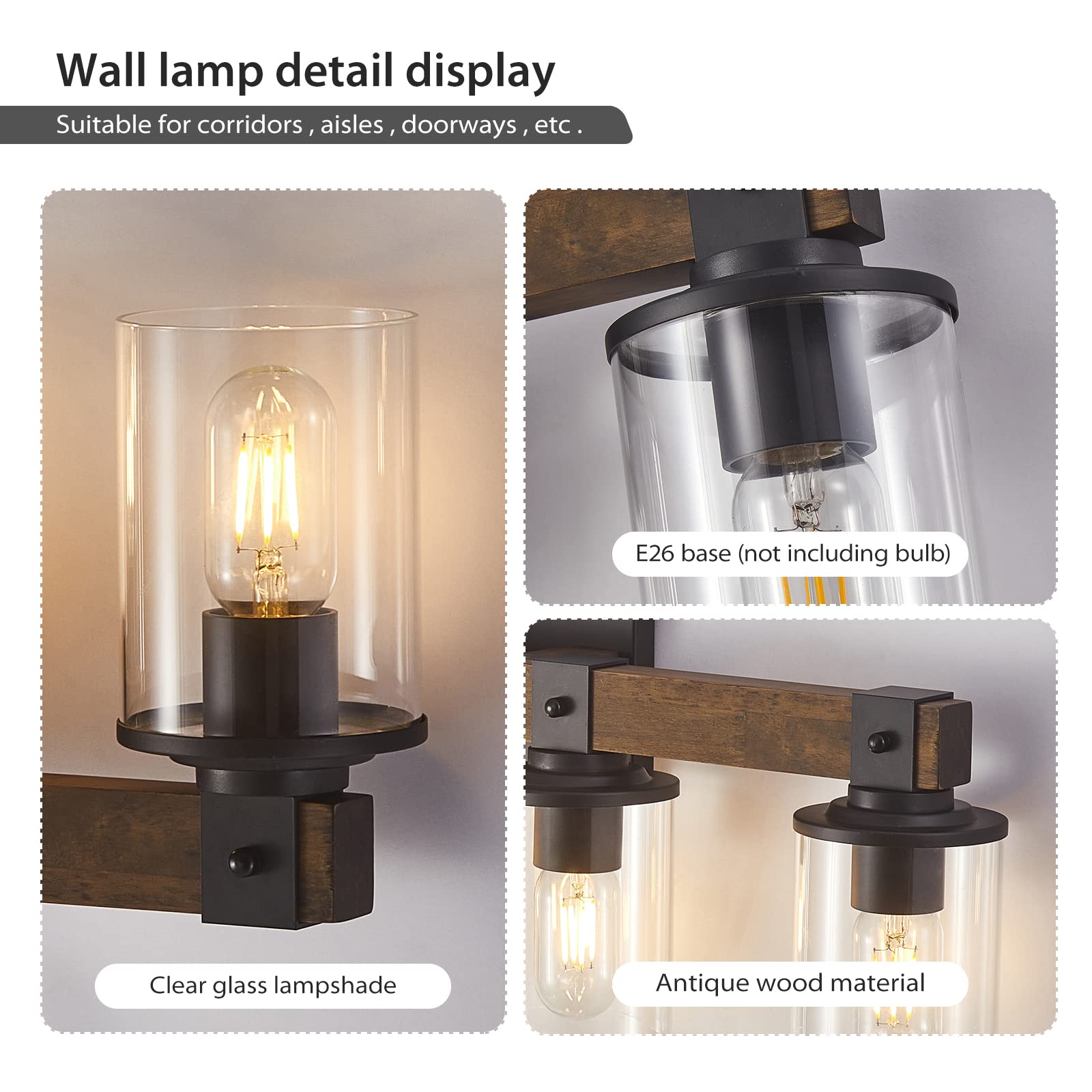 Dadul 5-Light Bathroom Vanity Light, Farmhouse Bathroom Light Fixtures Over Mirror, Classic Wood Vanity Light With Clear Glass Shade, Black Wall Sconce For Bathroom, Bedroom