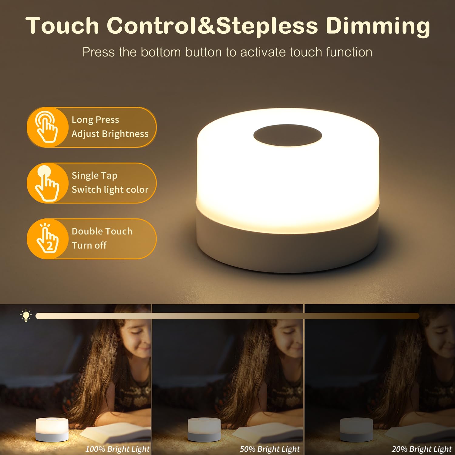 JUSHENG Baby Night Light - Rechargeable LED Touch Lamp, 3 Color Temperatures, Dimmable, Portable, White, Model CG0025WT