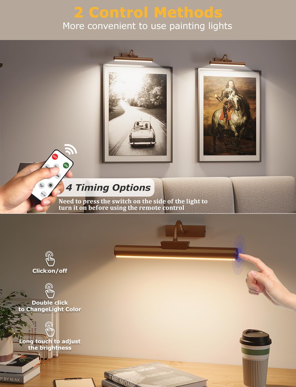 Skairipa Picture Light - 13in Wireless Art Light, Dimmable, Battery Operated, Remote Control, Orange Copper, 2Pack