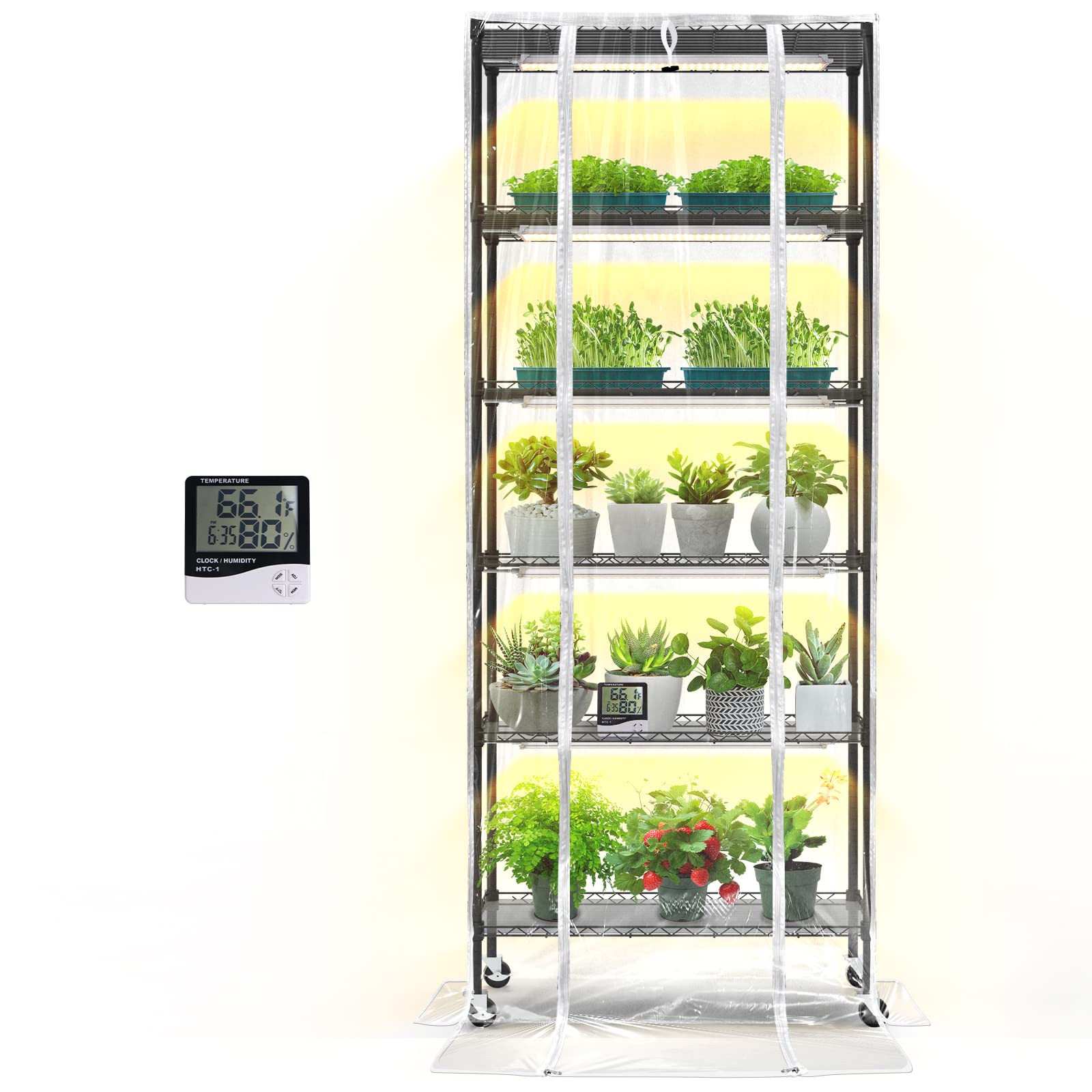 Bstrip Plant Shelf With Grow Light, Grow Light Shelf With Cover And Thermometer, 6 Tier Plant Stand With Grow Light , Greenhouse With 150W Led Grow Light For Seed Starting , Tray (29.5"L×13.8"W×70"H)