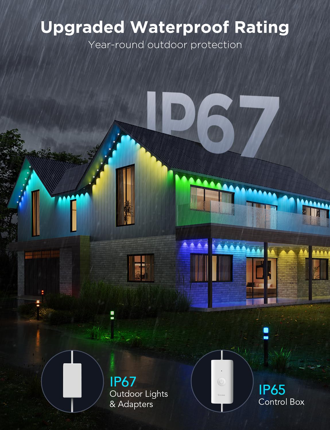 Govee Outdoor Permanent Lights Pro, 150ft RGBIC LED, IP67 Waterproof, Works with Alexa & Google Assistant, White, Model H706B