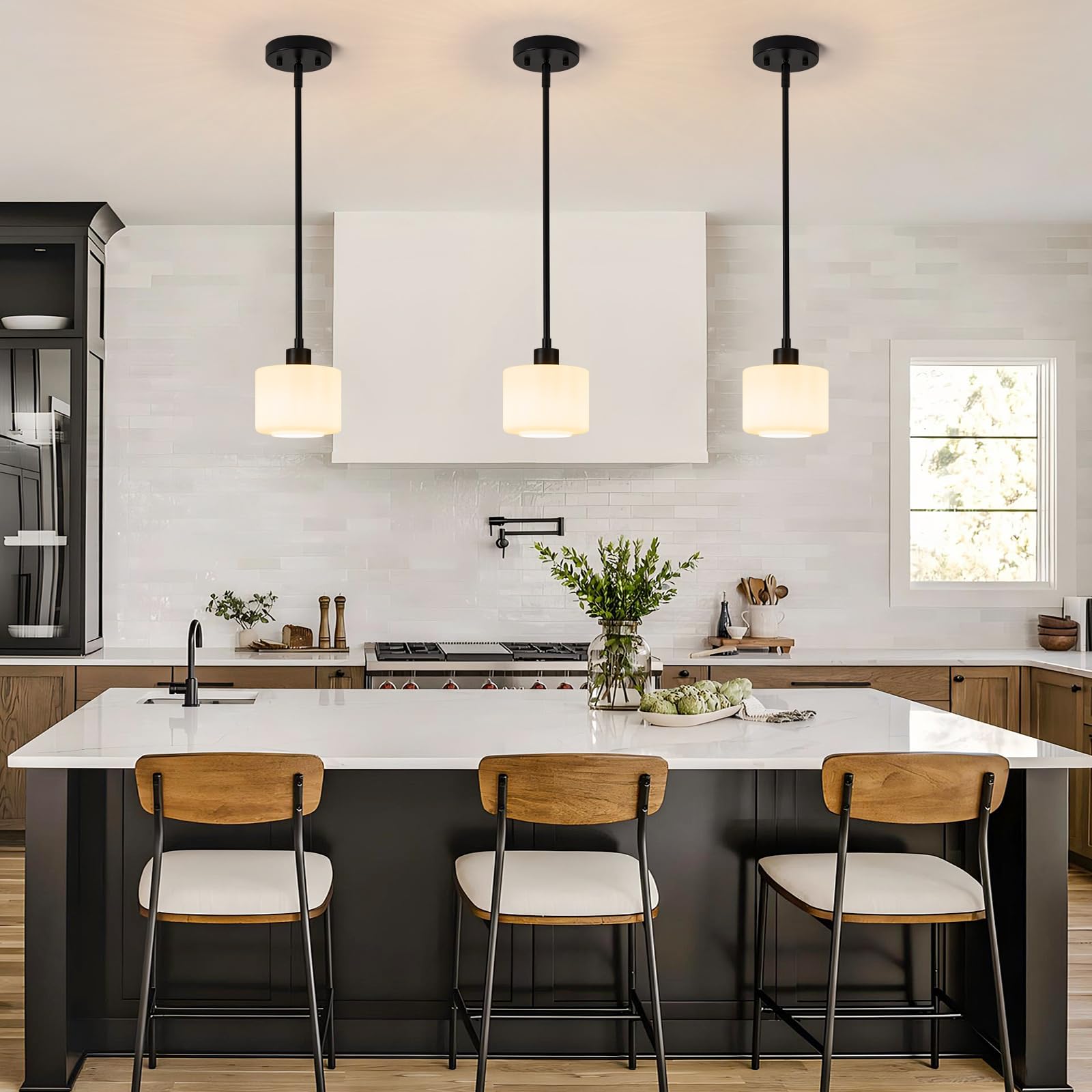 Osimir 1-Light Black Milk Glass Pendant Light Fixture, Modern Hanging Lighting for Kitchen Island & Bathroom, Model OS-YQ8153