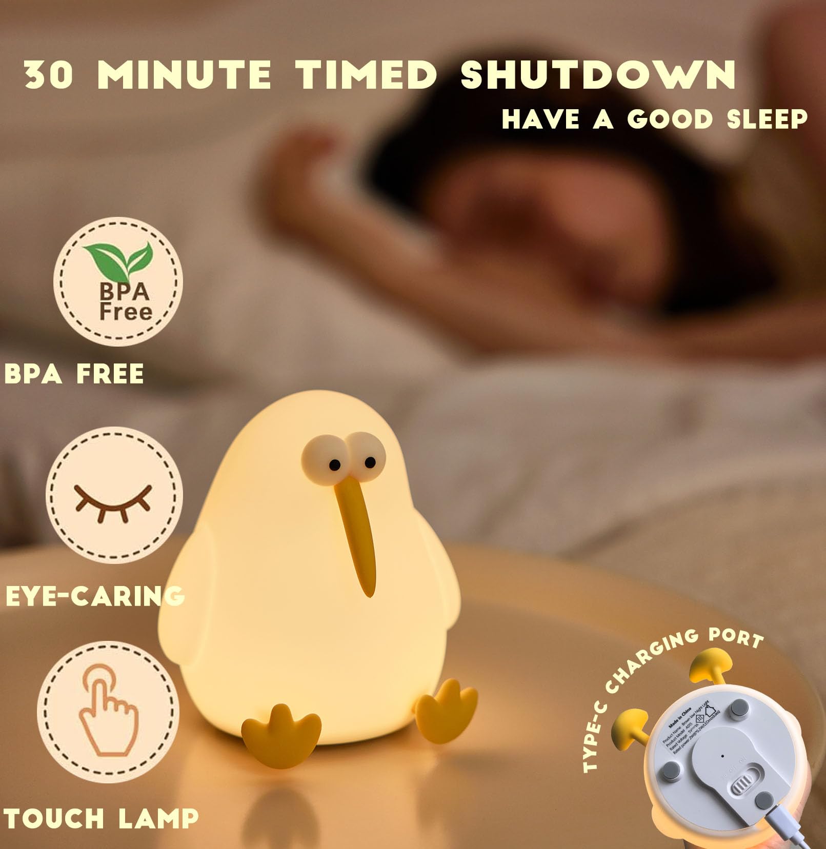 Happybag Cute Silicone Kiwibird Night Light Led Squishy Nursery Toddler Rechargeable Night Light,Cute Stuff Gift For Baby,Kids,T