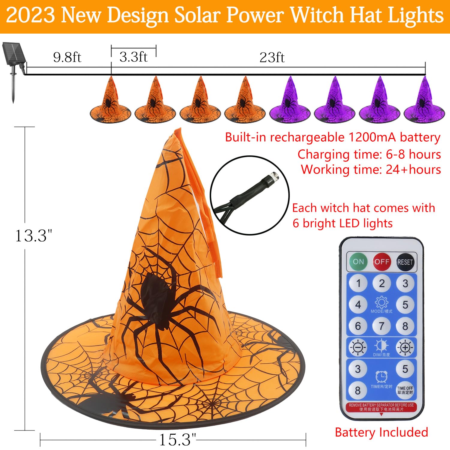 Xingpold Outdoor Solar Witch Hat String Lights - 8 Glowing Hats, 33 FT, 8 Modes, Waterproof for Halloween Decor