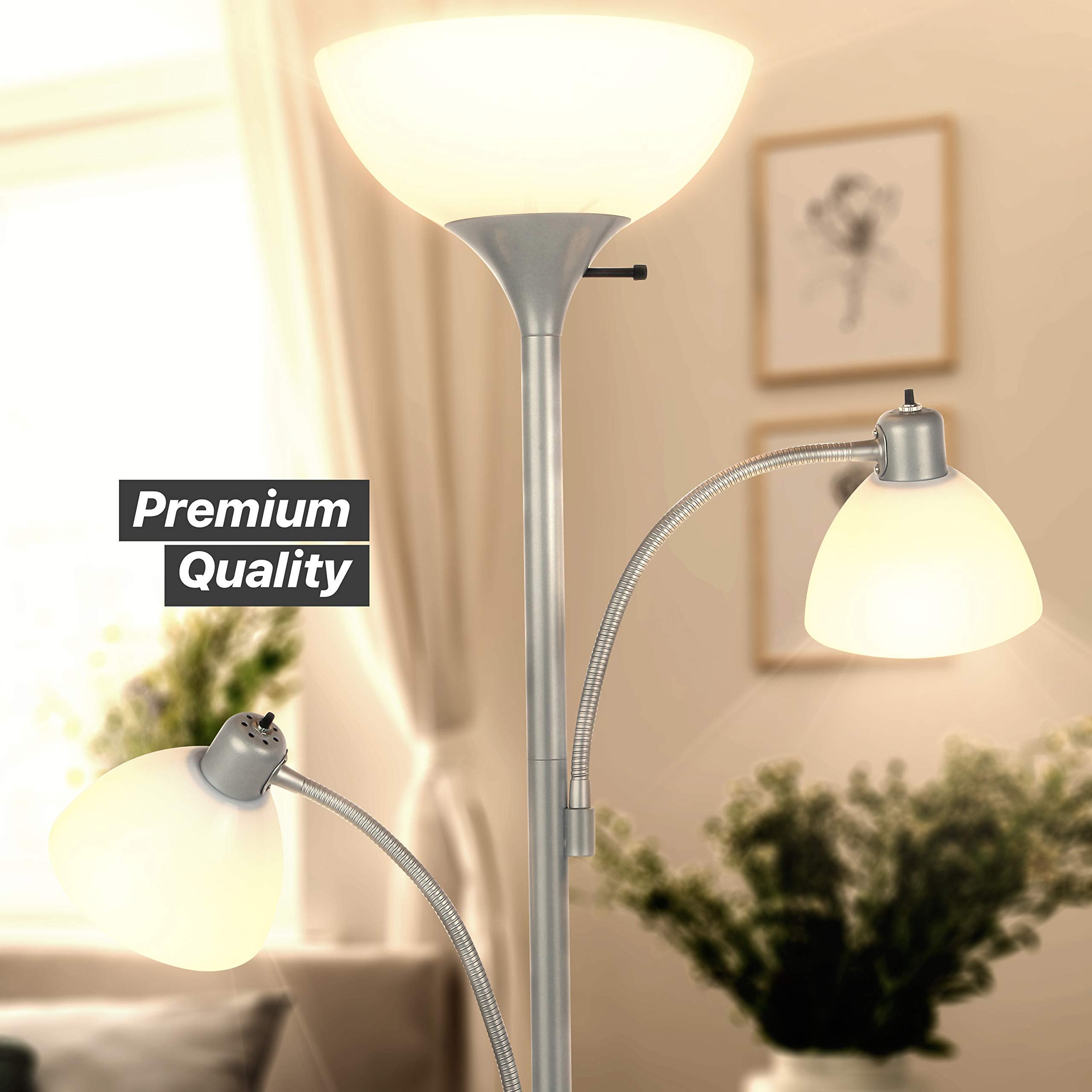 Brightech Sky Dome Double LED Floor lamp, Torchiere Super Bright Floor Lamp with 2 Reading Lamps for Living Rooms & Offices - Di