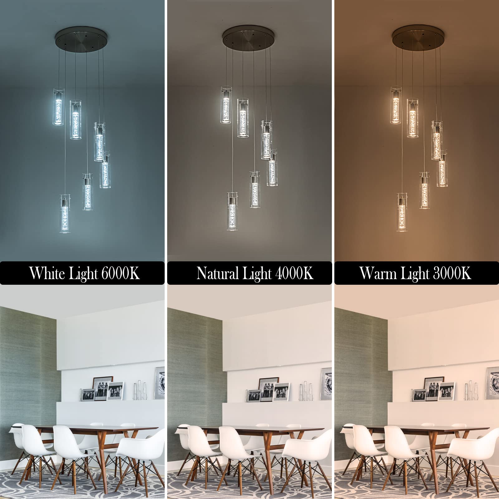 Bestwest Tri-Color Dimmable Pendant Light Fixtures,5-Light Kitchen Island Pendant Lights, 40W 3400Lm Remote With Brushed Nickel