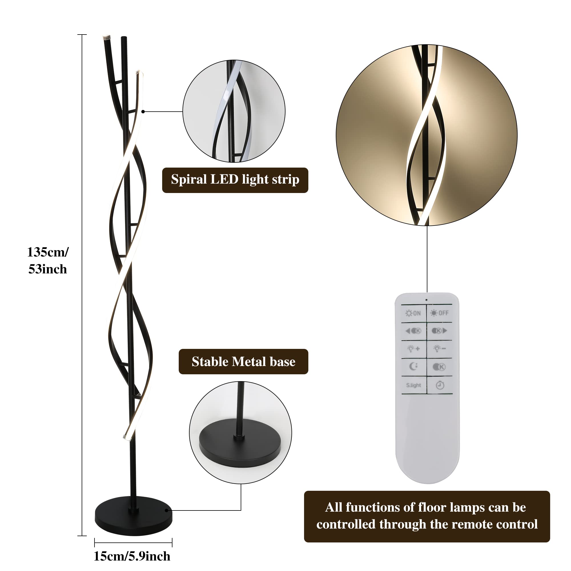 JUTIFAN Modern Spiral Floor Lamp, 53" Black Dimmable LED Corner Lamp with Remote Control, Model JT-LXLDD