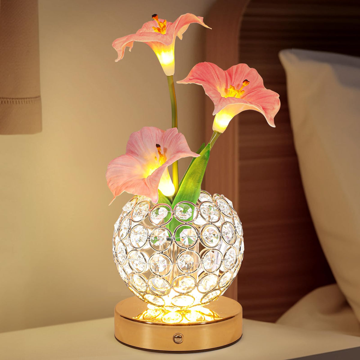 Pink Morning Glory Flowers Table Lamp, Rechargeable Cordless Touch Artificial Flower Crystal Lamp, Kitchen Bedroom Office Decor