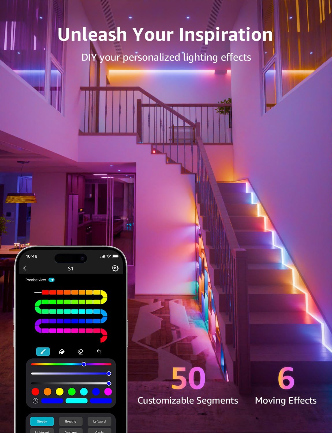 Lepro S1 Ai Led Strip Lights For Bedroom - 32.8Ft Smart Rgb Light Strips With Ic And Rainbow Chasing Effects, Color Segment Diy,
