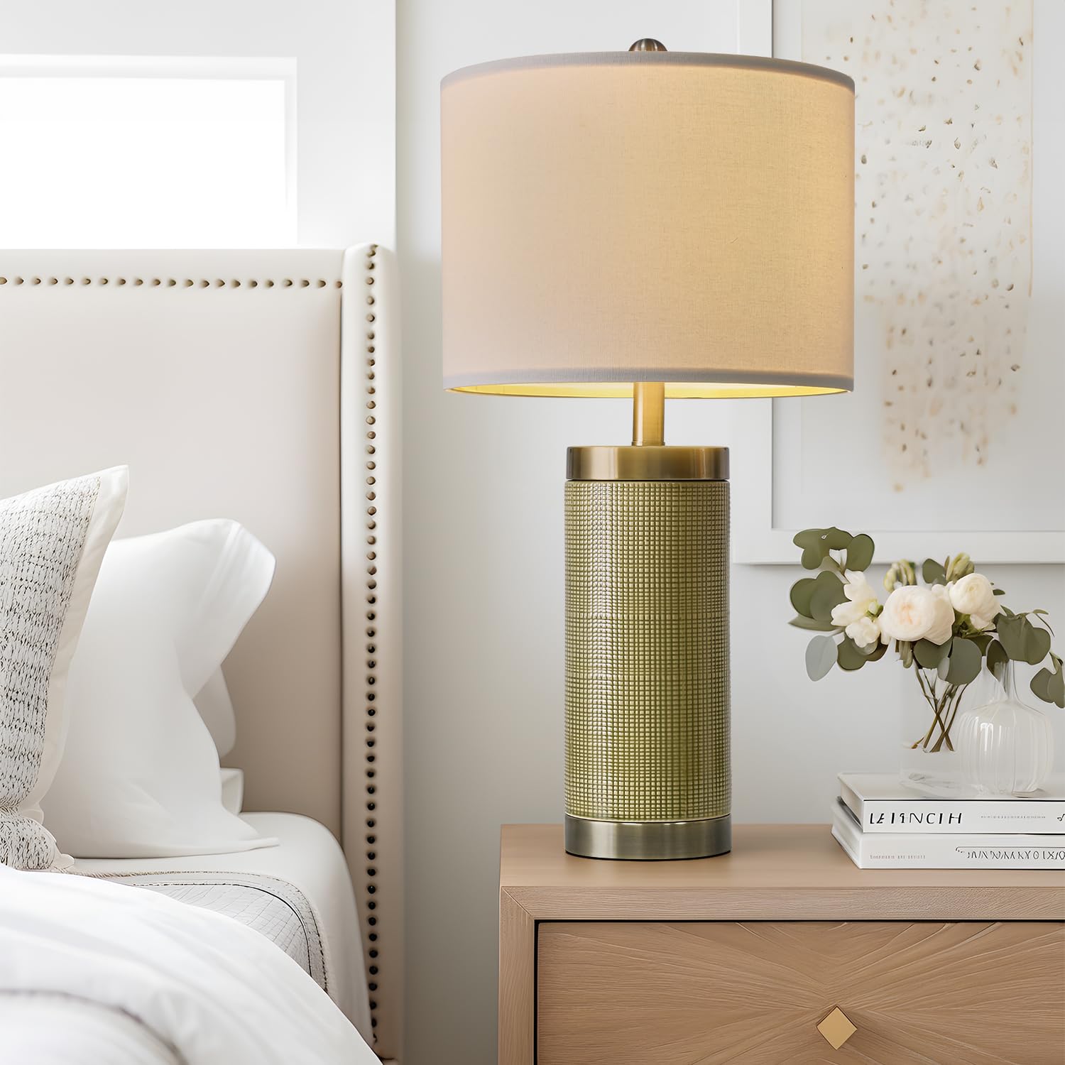 Usumkky 24.5" Modern Ceramic Light-Green Single Bedside Lamp For Bedroom Decor Farmhouse Table Lamp For Living Room Office Dorm