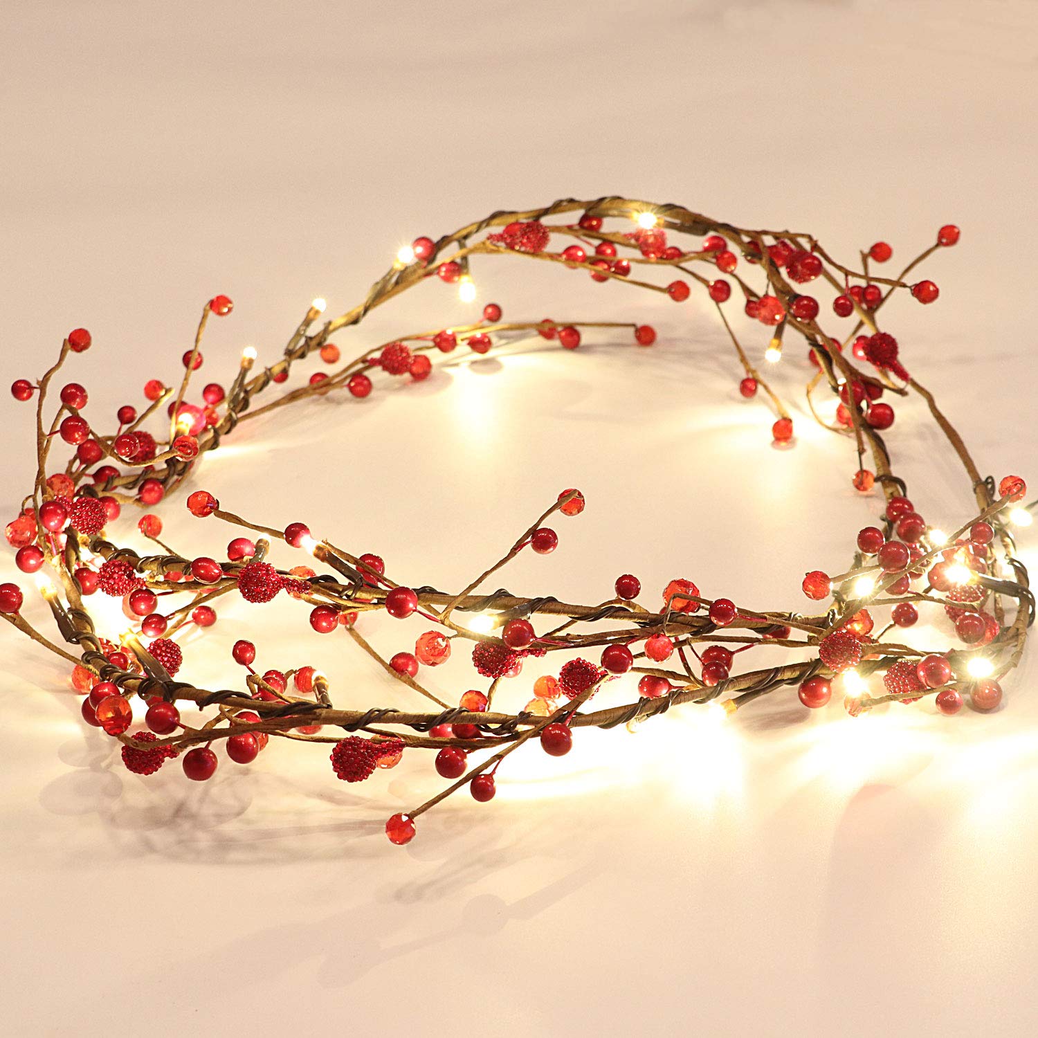 Set Of 2 Red Berry Brunch Pre-Lit Garland With 30Led Lights, Battery Operated Fairy String Lights With Timer Function For Christmas Mantle Decoration - 5.9Ft