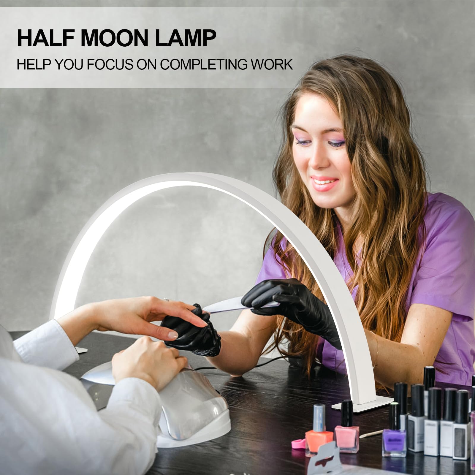 DIVEKID Nail Lamp - 18.5in Half Moon Desk Lamp with 3 Color Modes, 10-Level Brightness, Model dameija-02, White