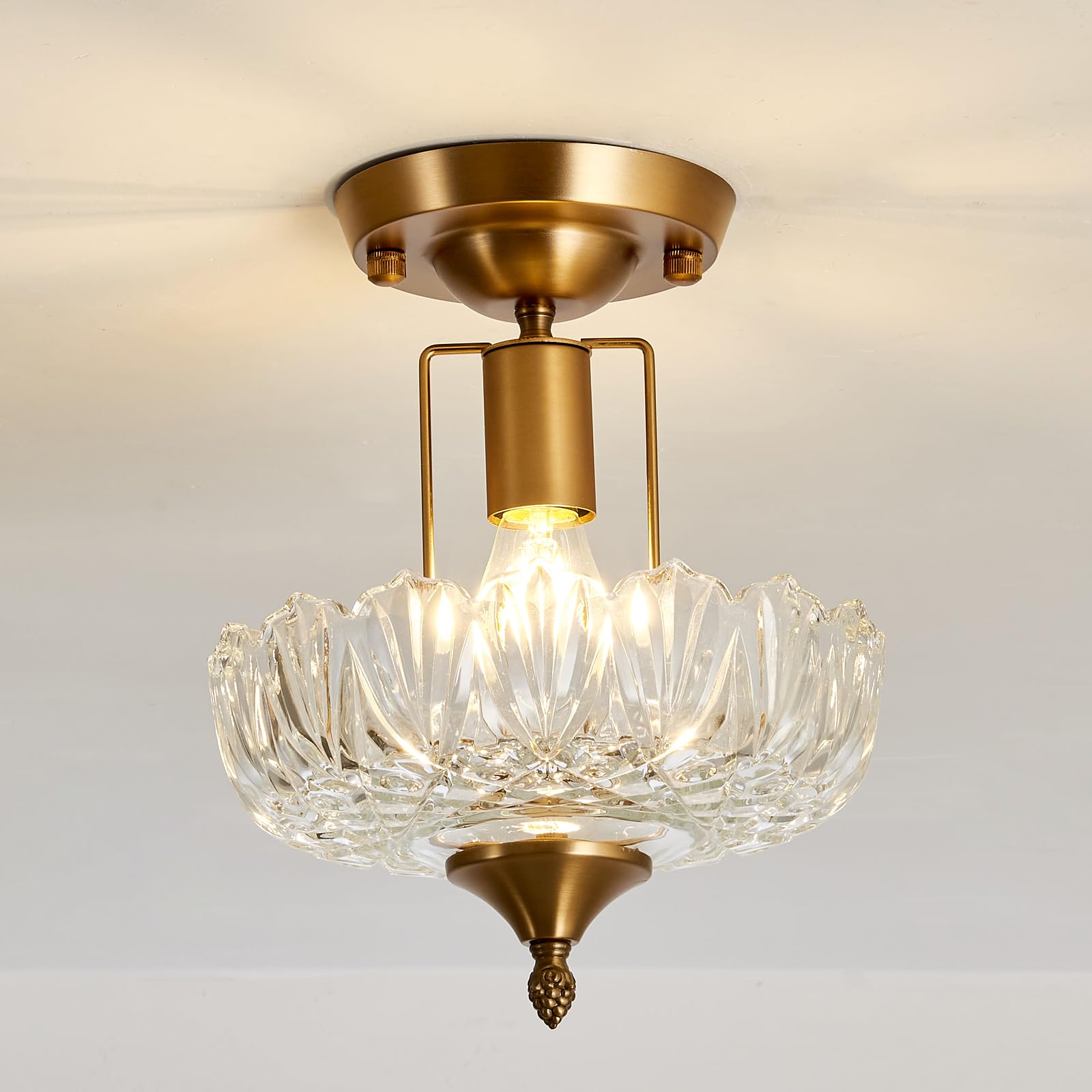UOFUS Vintage Gold Semi Flush Mount Ceiling Light Fixture with Clear Glass Shade Flower Small Chandelier Brass Close to Ceiling 