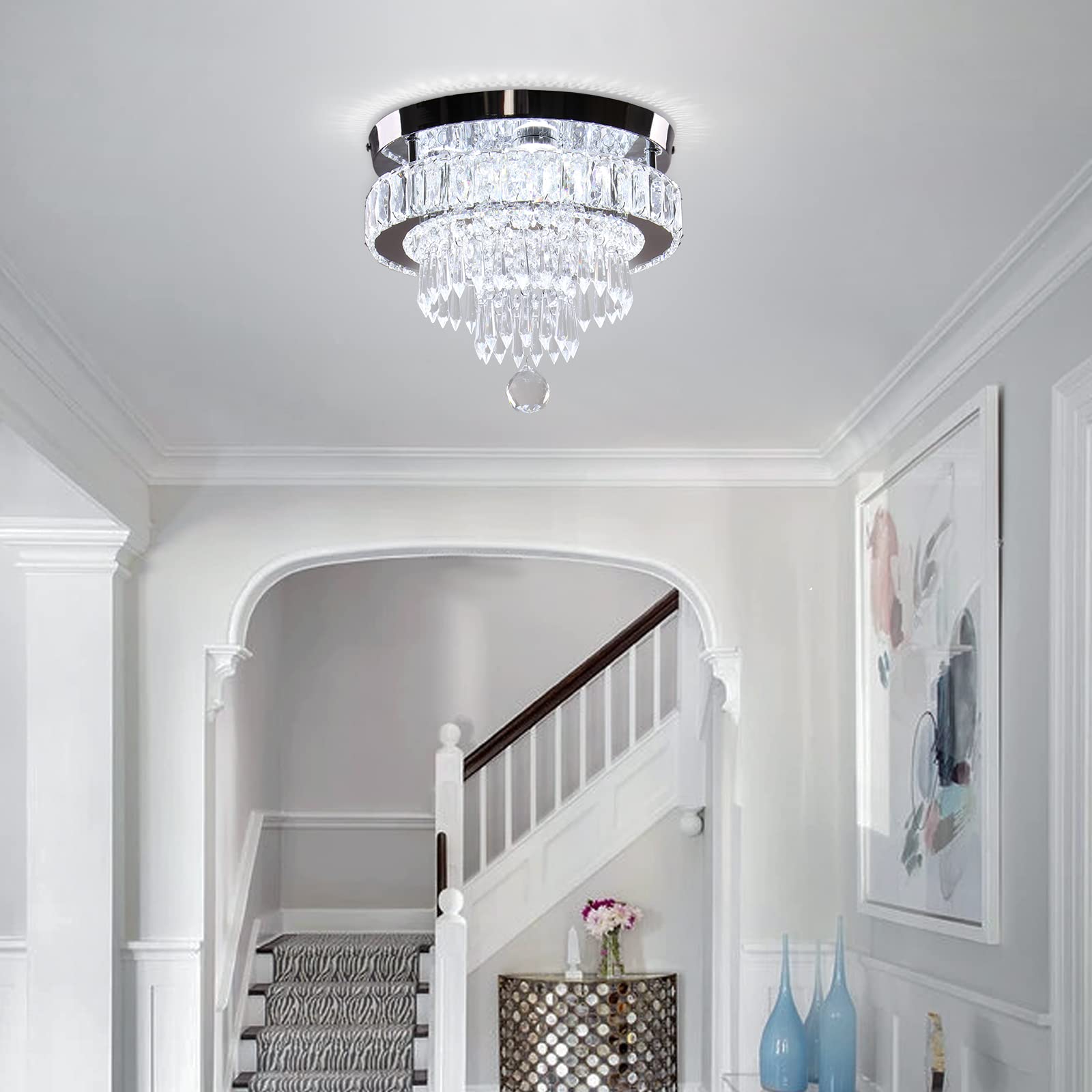 Cainjiazh Dimmable Crystal Chandelier 11.8" LED Flush Mount, Stainless Steel, Remote Control, 2700K/4000K/6500K for Bedroom/Dining Room