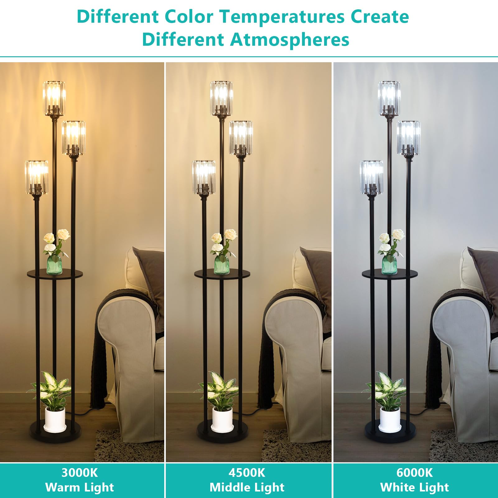 Hmvpl Floor Lamps For Living Room, Gold Floor Lamp With Shelves, 3-Lights Modern Brass Standing Lamp With Glass Shades, On/Off F