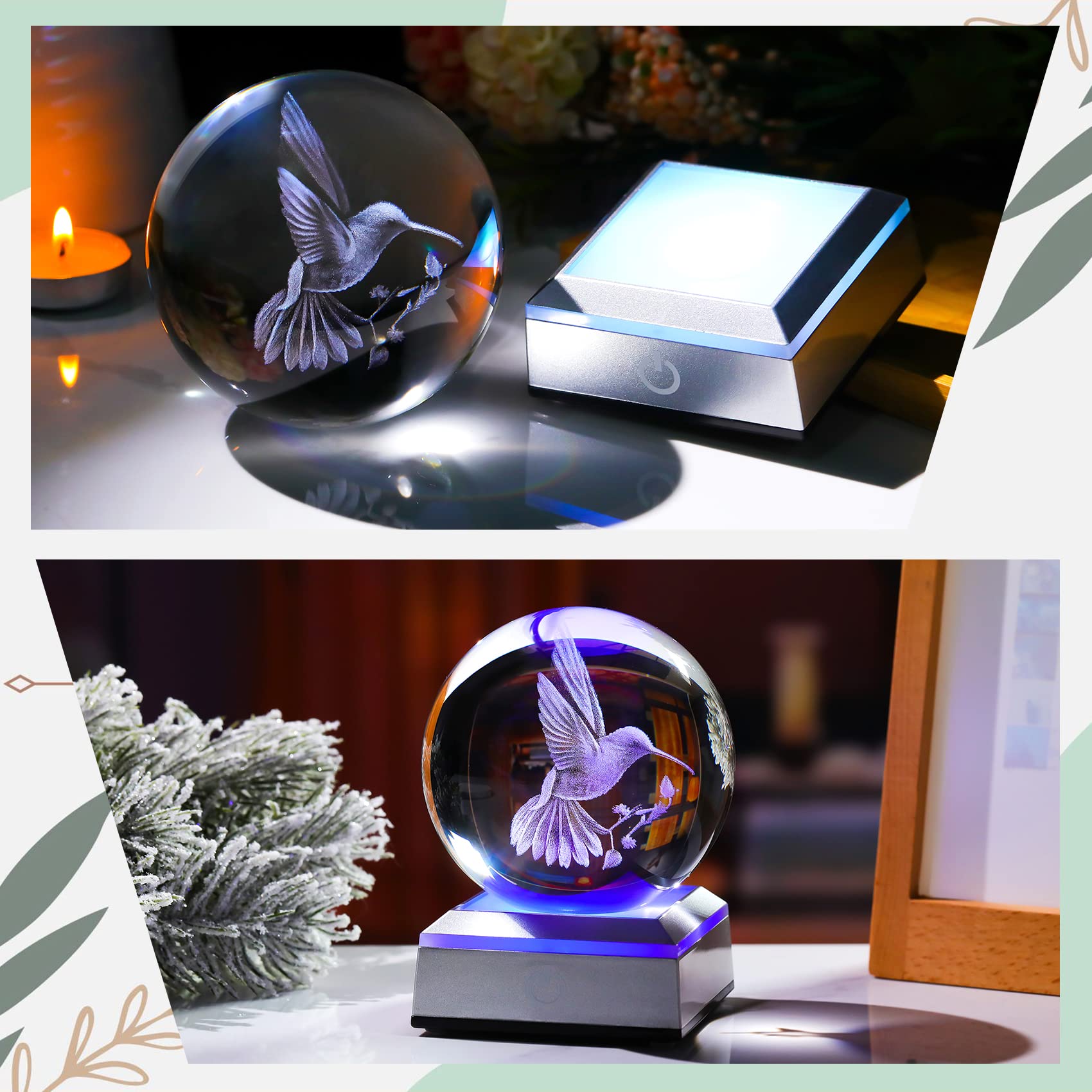 Ornalrist Crystal Ball 3D Engraved Hummingbird With Led Colorful Base, 3.15"/8Cm Animal Glass Sphere Ideas For Friends Home Decor Display, Gifts For Men Women On Birthday Christmas