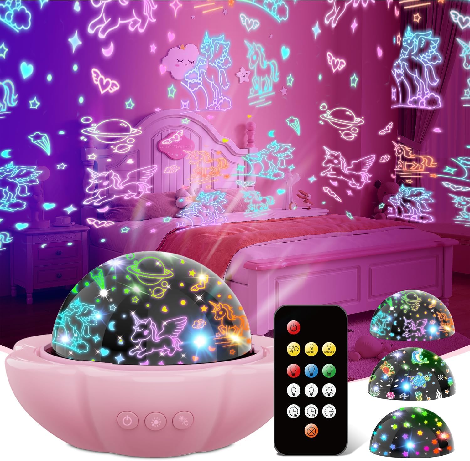 DQMOON Unicorn Night Light Projector, 360° Dimmable Ocean Lights, 5.12inx5.12inx3.54in, Pink, Model 012-2502-01