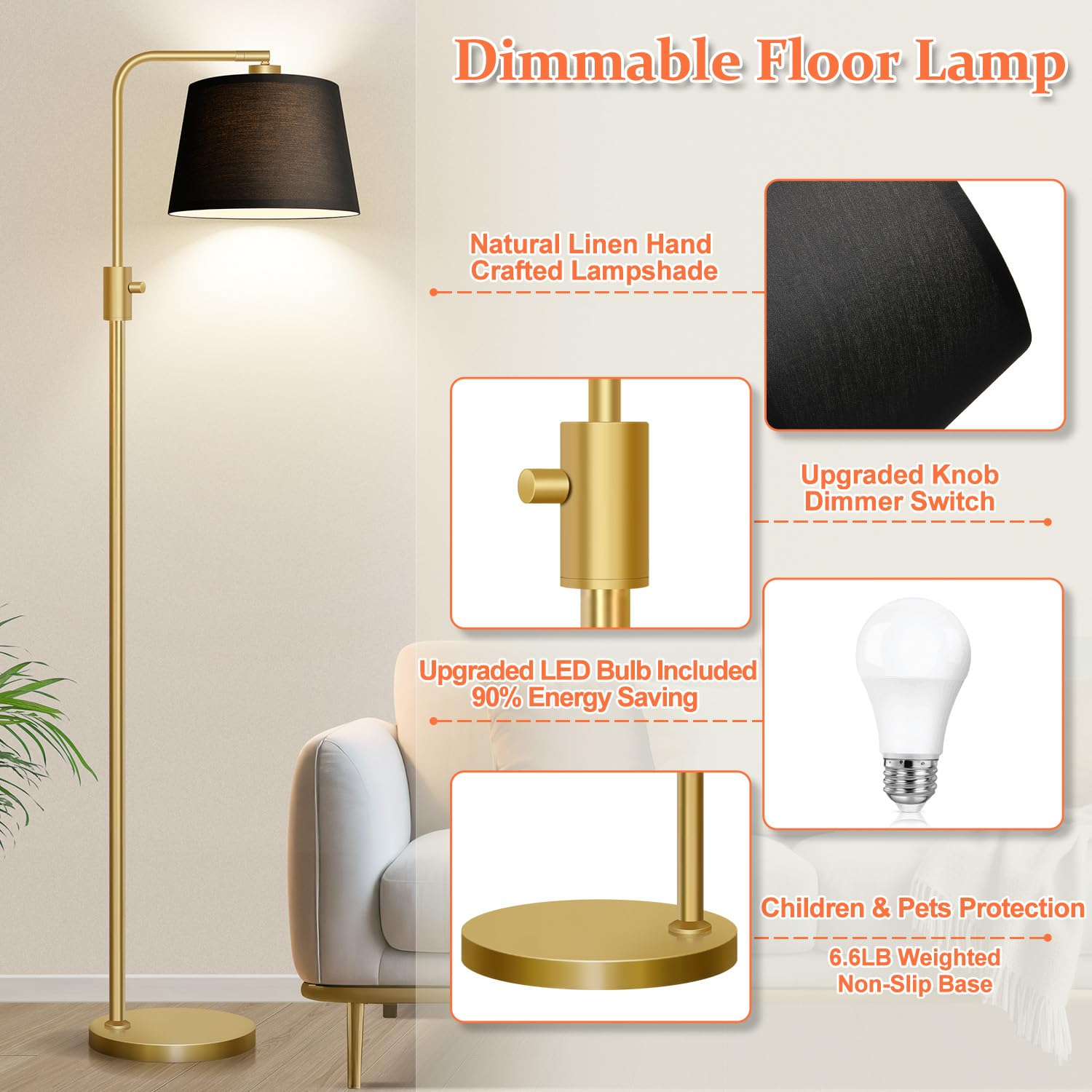Nintiue Dimmable Arc Floor Lamp with 1000 LM LED Bulb, 65 inches, Gold-Black Shade, Model FL16886, Metal Construction