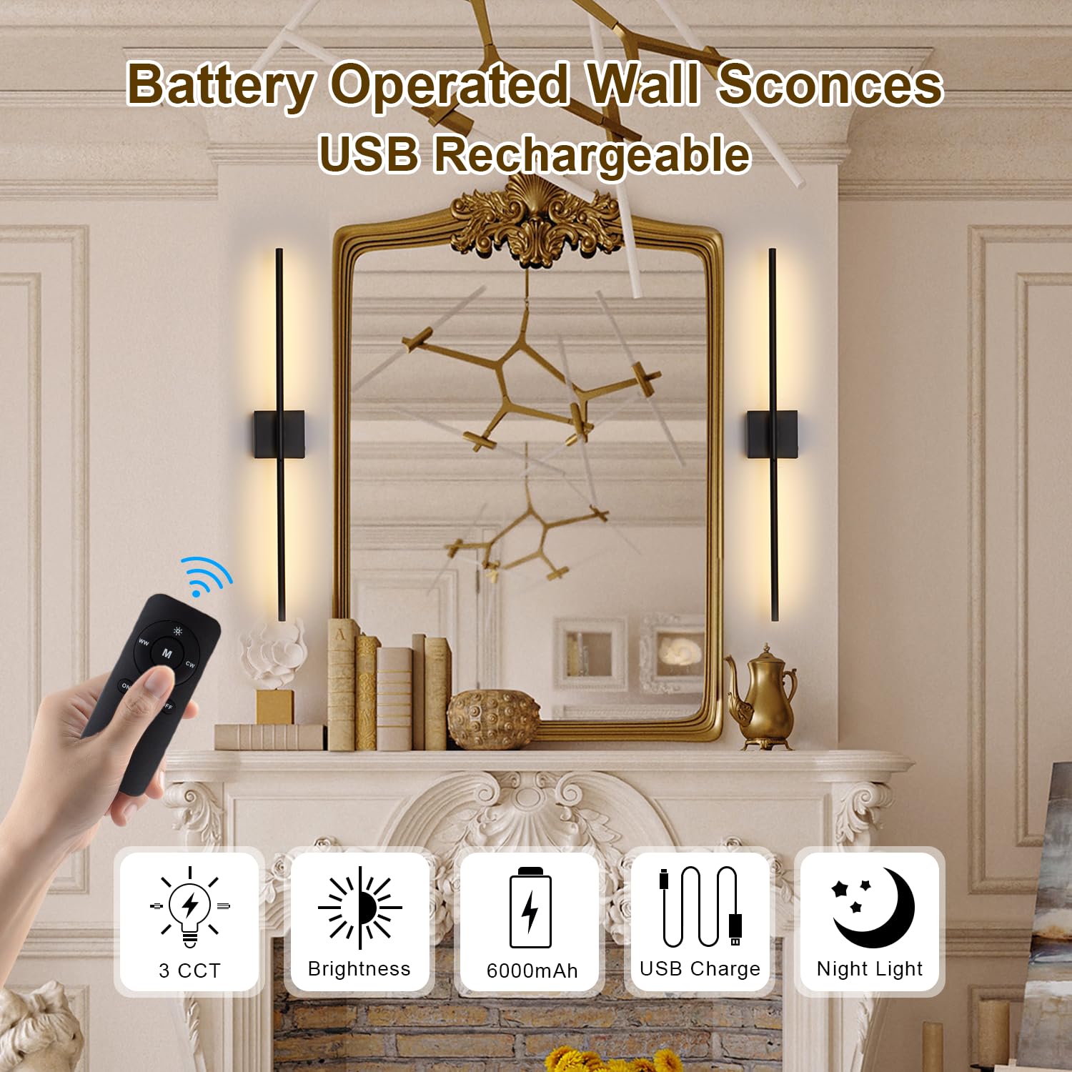 Linkenail Battery Operated Wall Sconces Set of 2, USB Rechargeable, Remote Control, 32 Inch, Black, Metal, Model XTFD-DC-HS