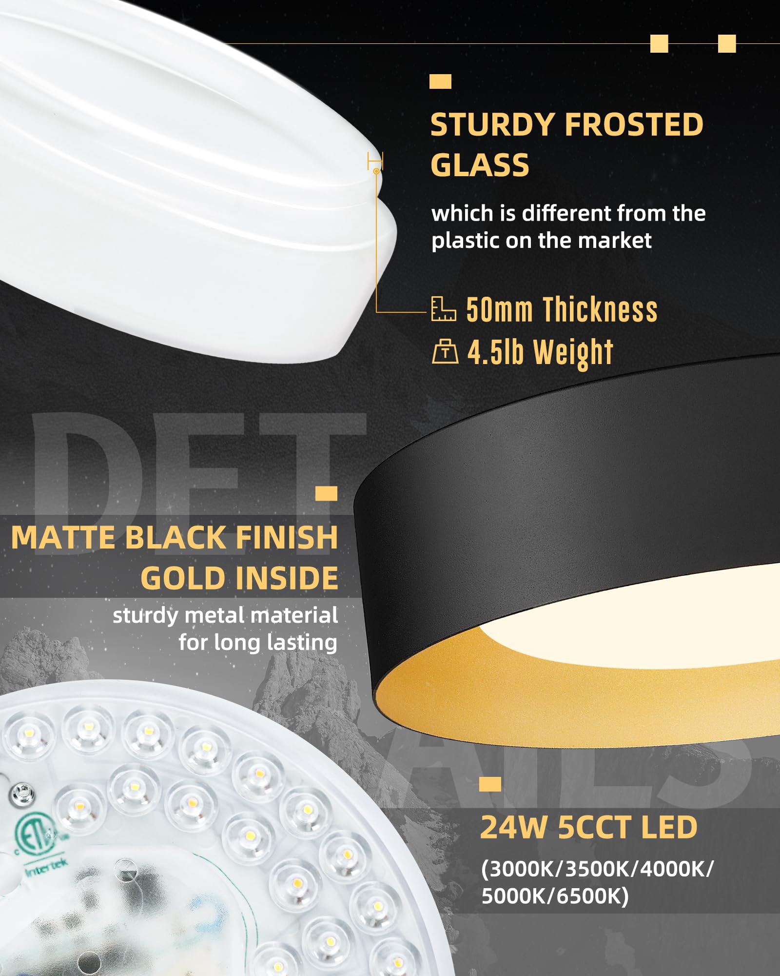 Autelo 16'' Ceiling Light, Led Ceiling Light Flush Mount, 5Cct Ceiling Light Fixture With Frosted Glass In Black Finish, Black L