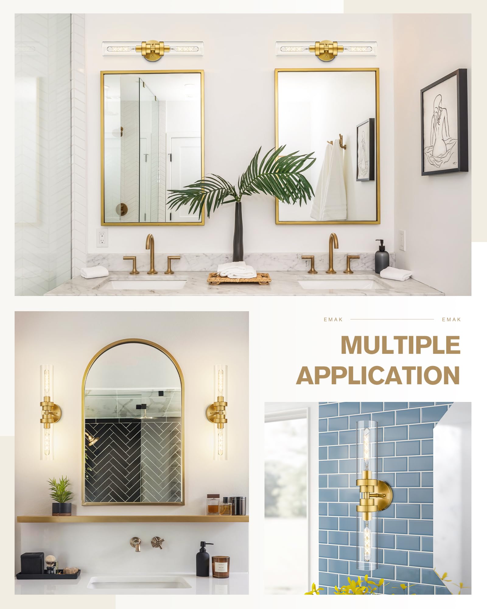 Emak 2-Light Bathroom Vanity Light Fixtures, Modern 22 Inch Brushed Gold Vanity Lights With Clear Glass Shade, Cylinder Wall Sco