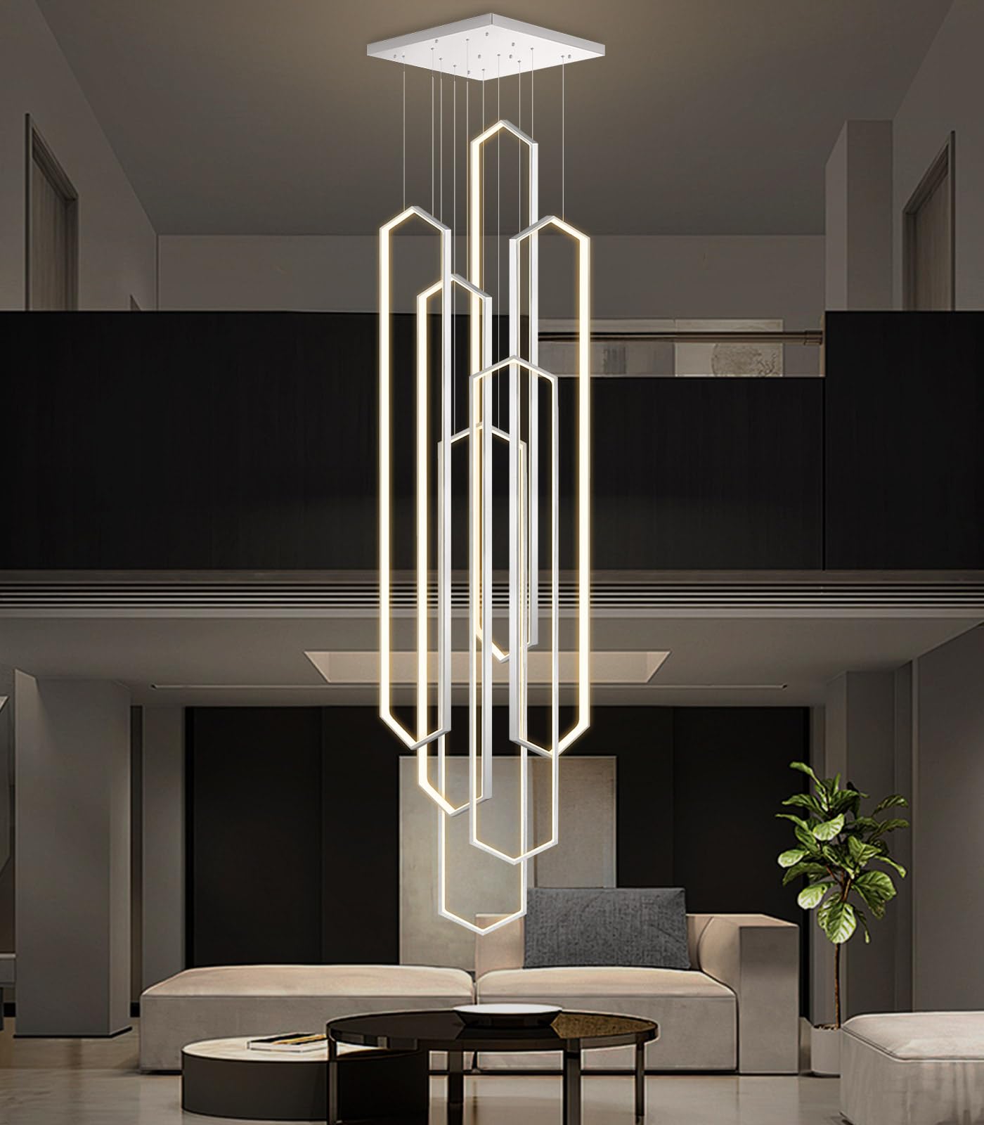 dolria 6 Rings Sliver Modern Large Chandelier Dimmable LED High Ceiling ...