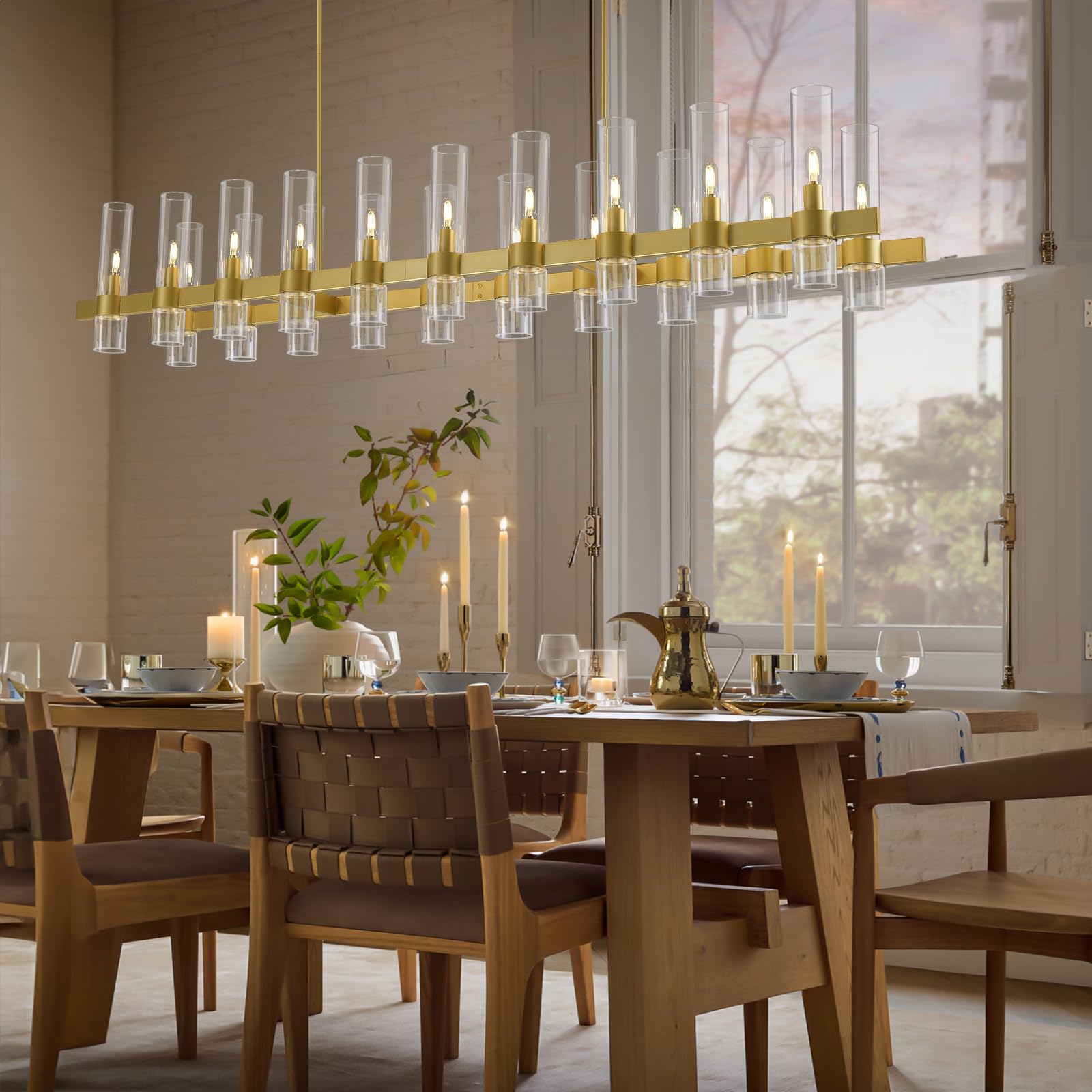 Gold Linear Chandeliers For Dining Room, 68'' Rectangle Chandelier With Glass, 20-Light Dining Room Chandeliers Over Table, Bras