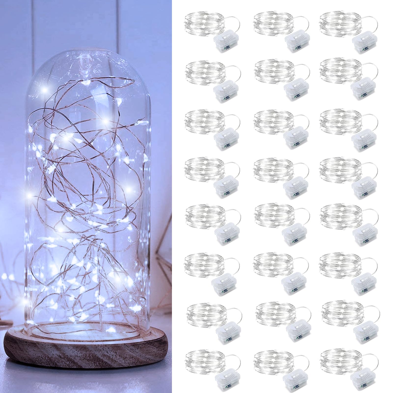 Aogist Fairy Lights 20 LED Waterproof Battery Operated 7ft Silver Wire, Cool White, Model A-01, 24 Pack for DIY Crafts & Decor