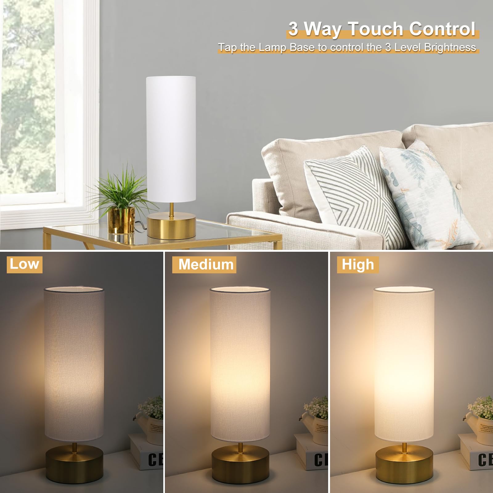 Seaside Village 3-Way Dimmable Touch Control Table Lamp - Metal & Tc Cloth, 5.51X5.51X17.52, White Shade With Gold Base, Led Bul