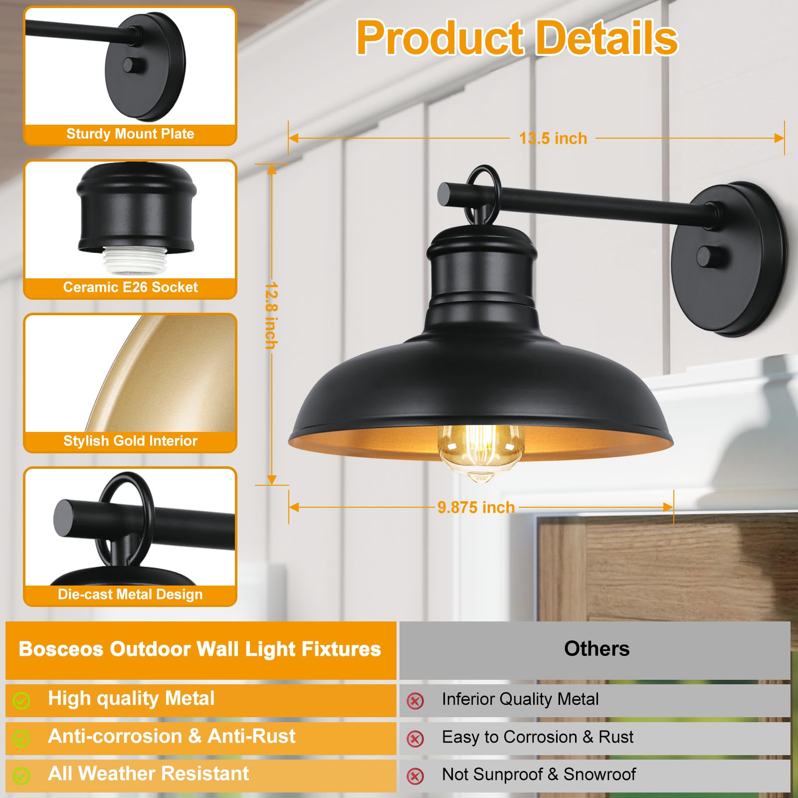 Outdoor Wall Lights, Black And Gold Indoor Outdoor Barn Lights With E26 Socket, Anti-Rust Waterproof Exterior Lighting Fixtures