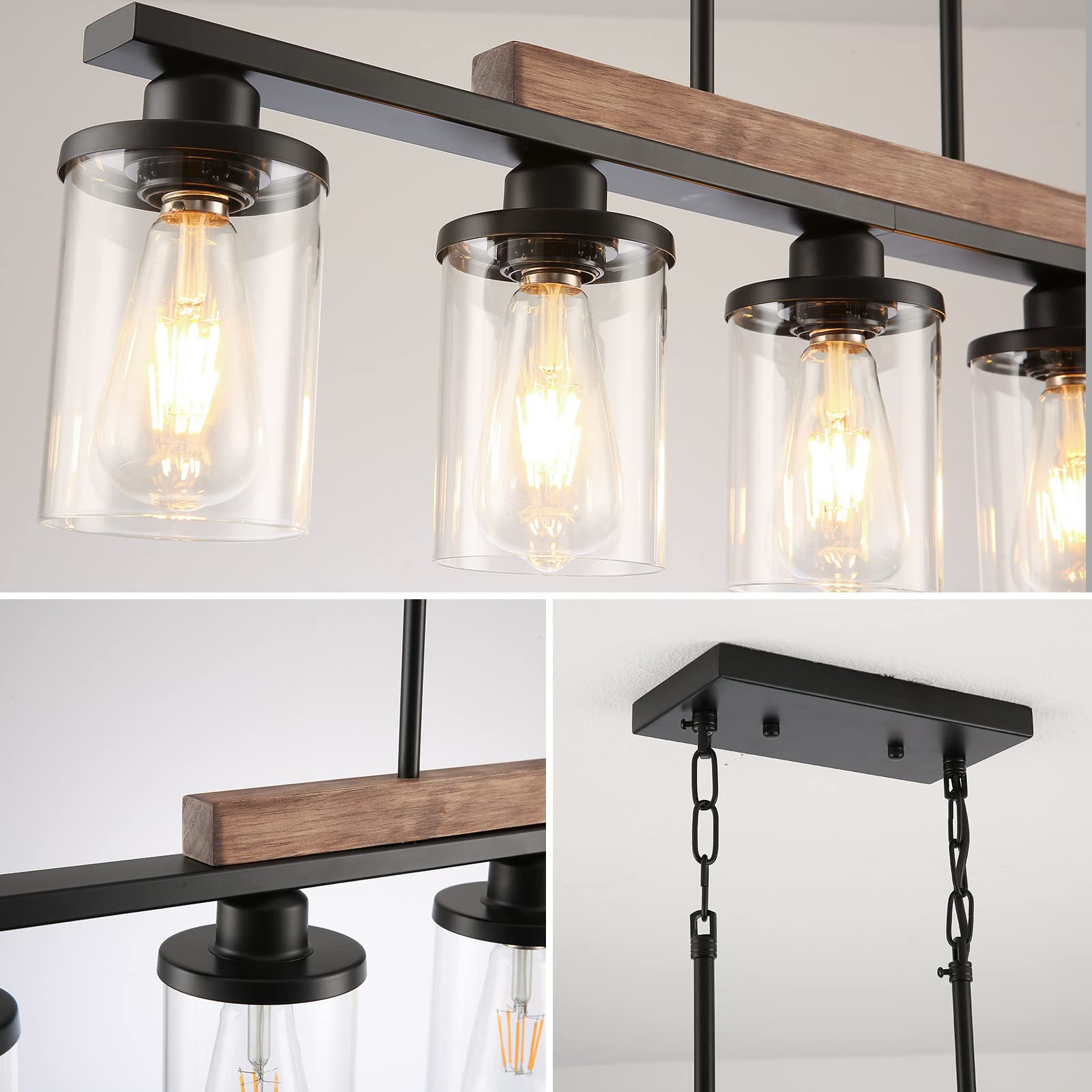 Feohak Dining Room Light Fixture,5-Light Kitchen Island Lighting Farmhouse Chandelier,Matte Black Metal Wood Industrial Pendant