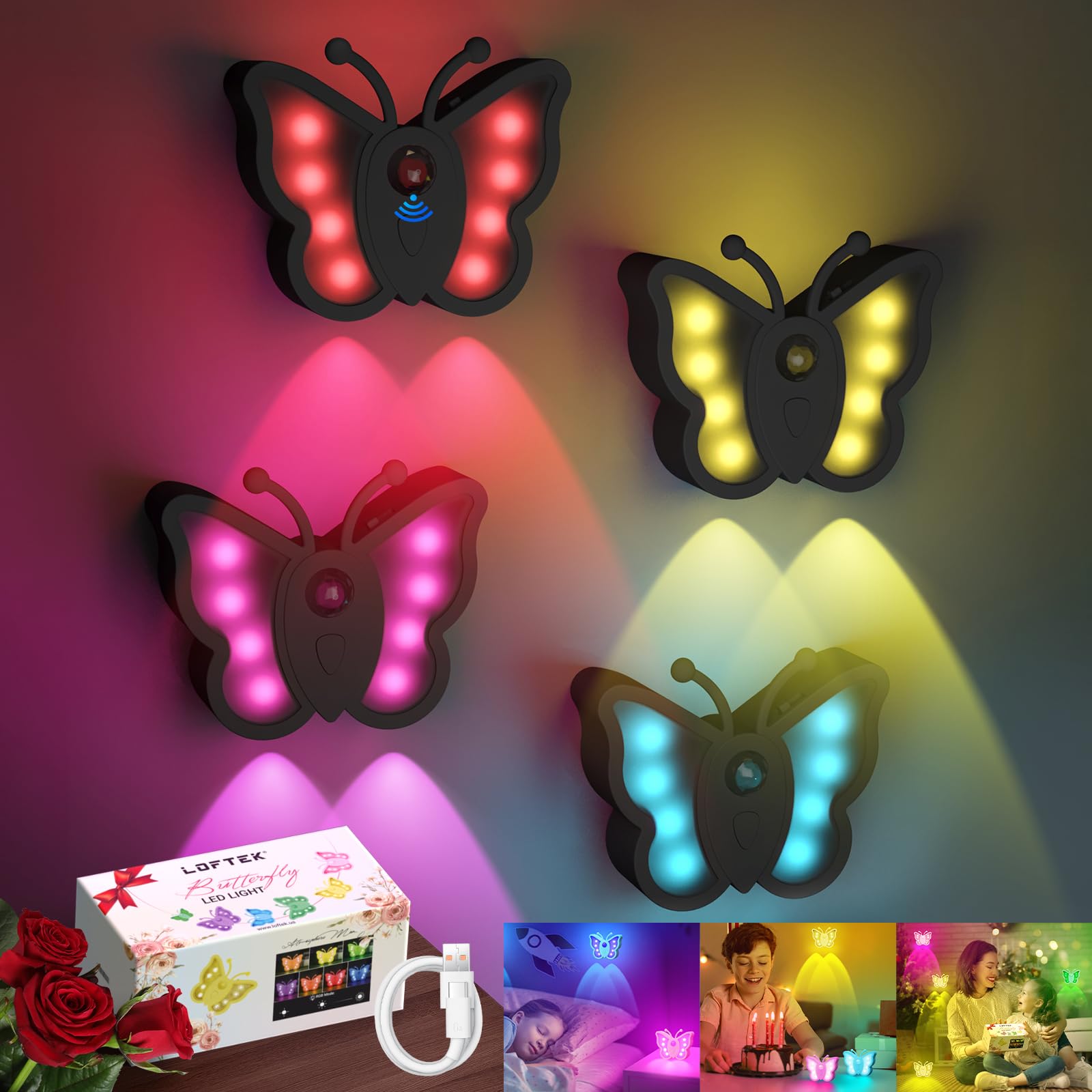 LOFTEK Motion Sensor Night Light, Rechargeable, Dimmable, 4 Pack, Black, Acrylic