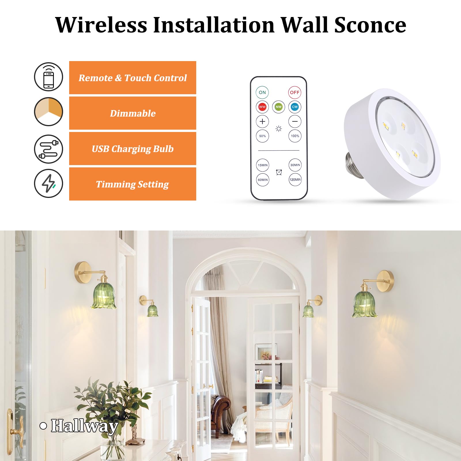 Shenmoyl Vintage Battery Operated Wall Sconces Set of Two, LED Light, Wireless, Dimmable, Glass, Green Lily, 1-94966-sconc