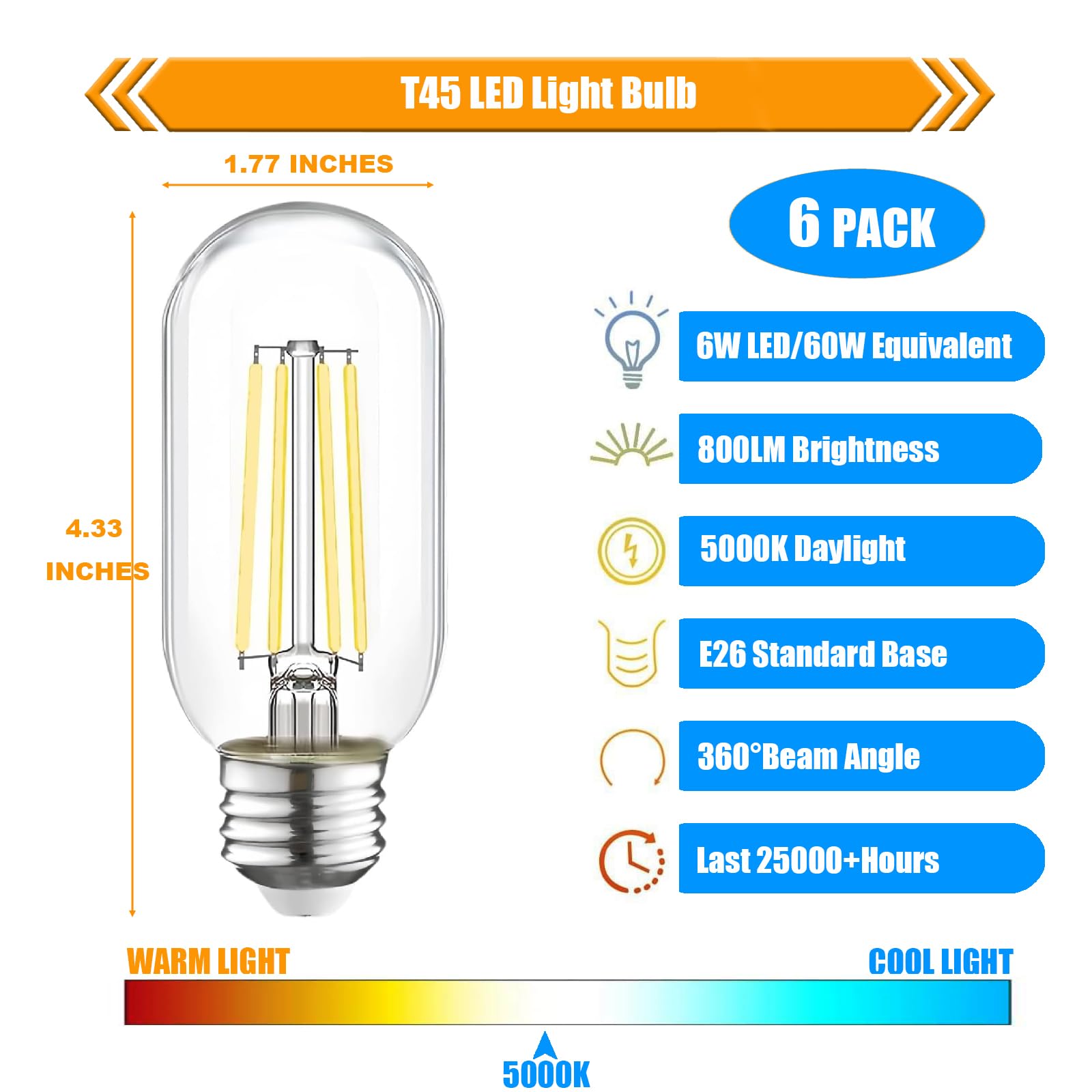Winsaled T45 Dimmable E26 Led Bulb 60 Watt Equivalent,Vintage E26 Edison Bulbs,Tubular Clear Decorative Light Bulb,5000K Led Lig