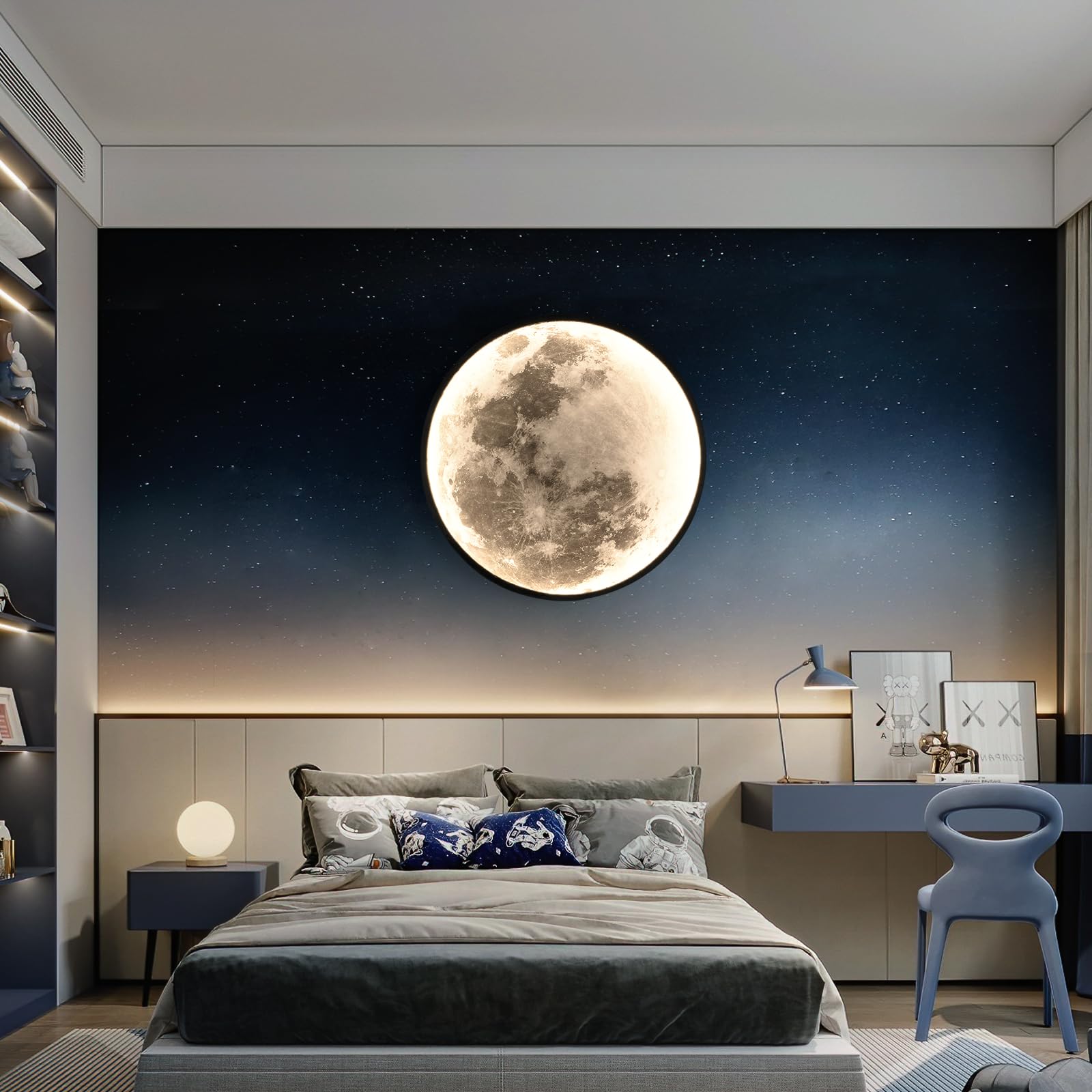 Skylumate Large Moon Wall Sconce - Dimmable LED Indoor Light 23.6" Black, Model 8002, Remote Control, Modern Design for Living Room & Bedroom