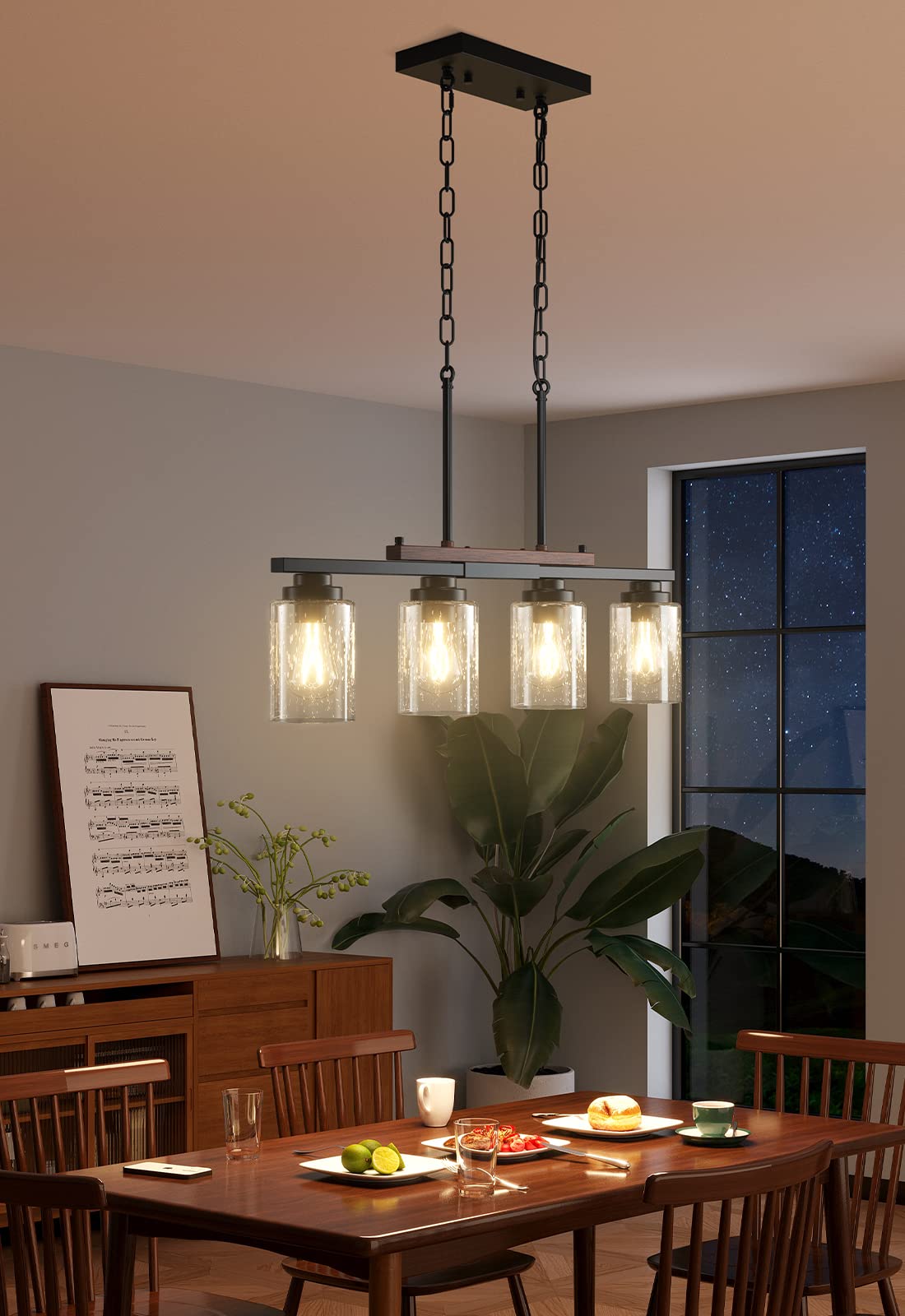 Amico 4-Light Dining Room Chandelier - Black Metal & Wood Pendant Light with Seeded Glass, Adjustable Rods, Model A0501