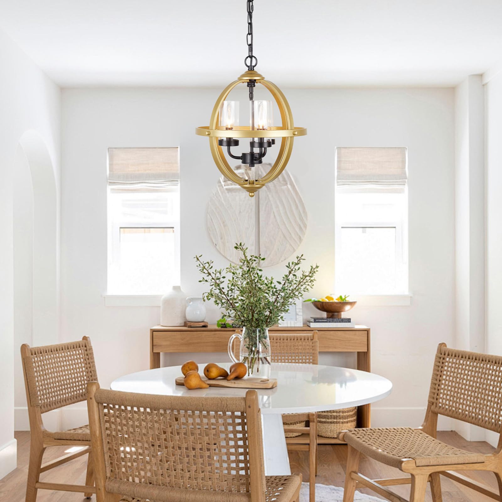 Treekee Rustic Chandelier, 14'' Gold Glass Cover Luxurious Hanging Light, 3-Light Globe Vintage Pendant Ceiling Light Fixtures F