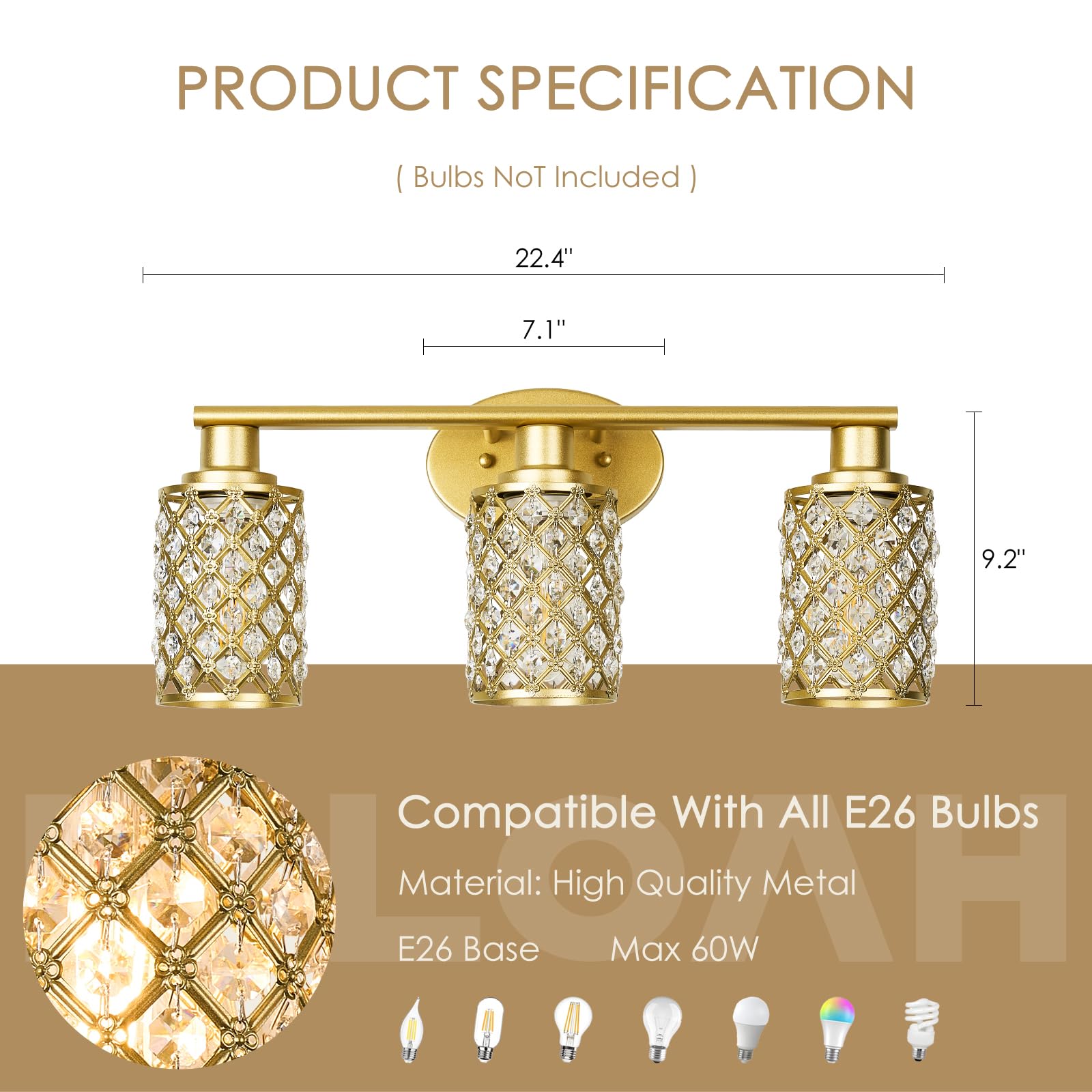 Niloah 3 Light Gold Vanity Light Fixtures, Modern Farmhouse Vanity Light, Bathroom Lights Over Mirror,Crystal Vanity Lighting Fixtures For Bathroom,Powder Room