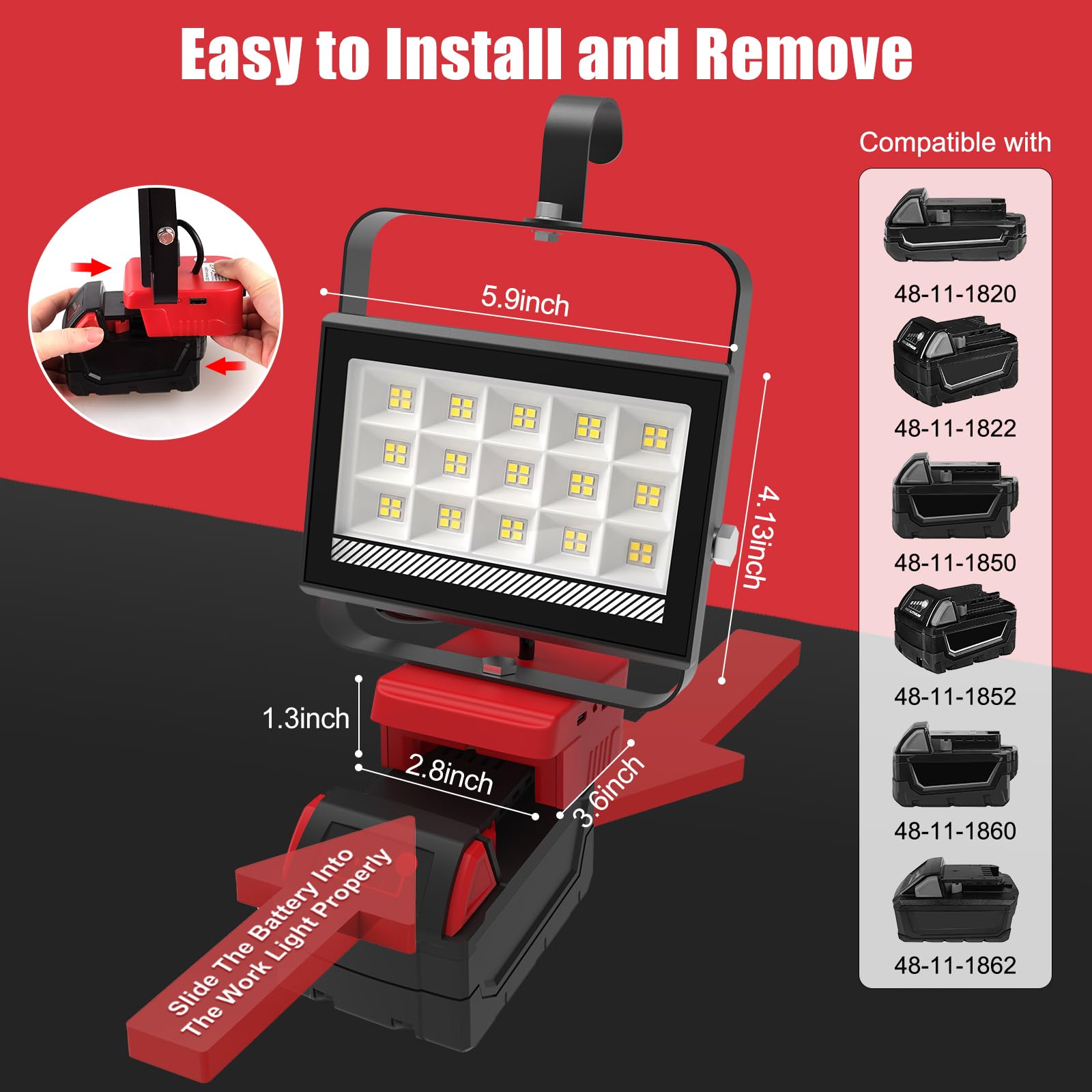 T-SUNiceM Cordless LED Work Light, 60W 6000LM, USB & Type-C, 140° Pivoting Head, Red, Model TS-F0430-60-M