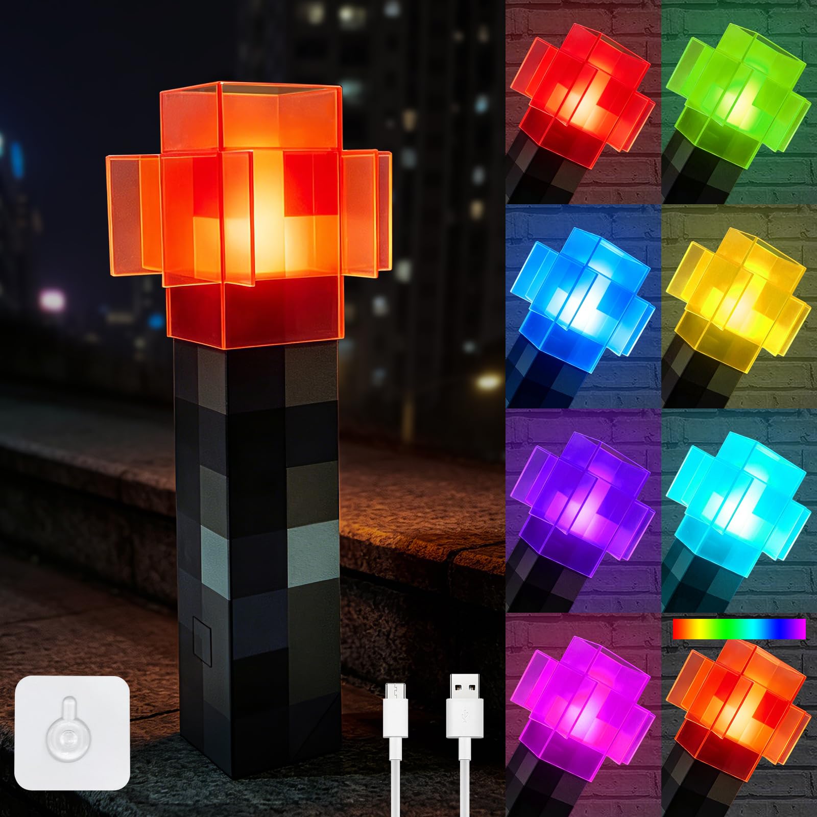 AIDYVOI 7 Color Changing Night Light, Wall Torch Lamp for Boys, Rechargeable Decor Night Lamp, Hand Held & Wall Mountable Table 