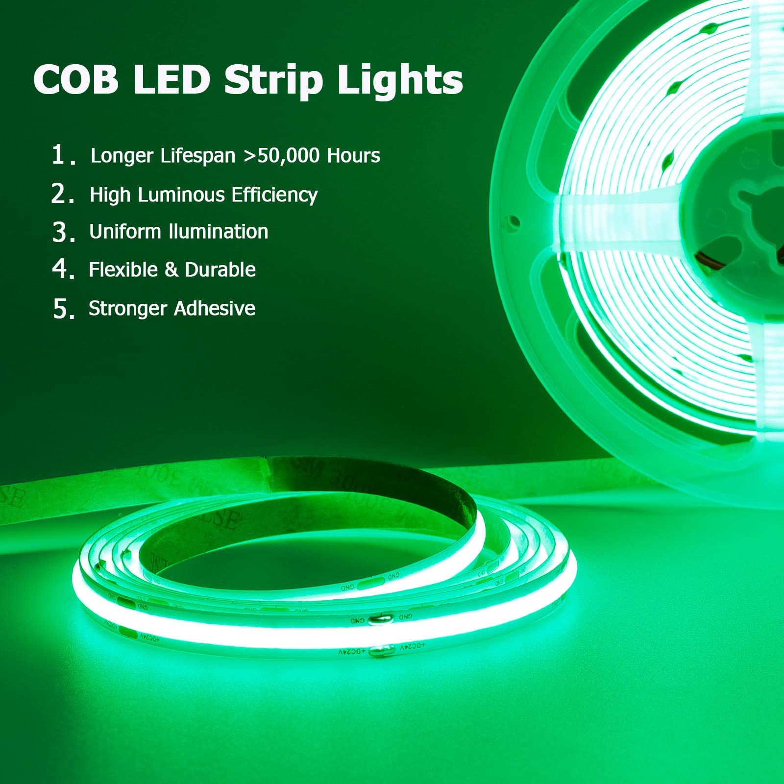 TOPAI 12V COB LED Strip Light, 16.4ft Waterproof Green, 480 LEDs/M, Flexible for Boat & Home Projects