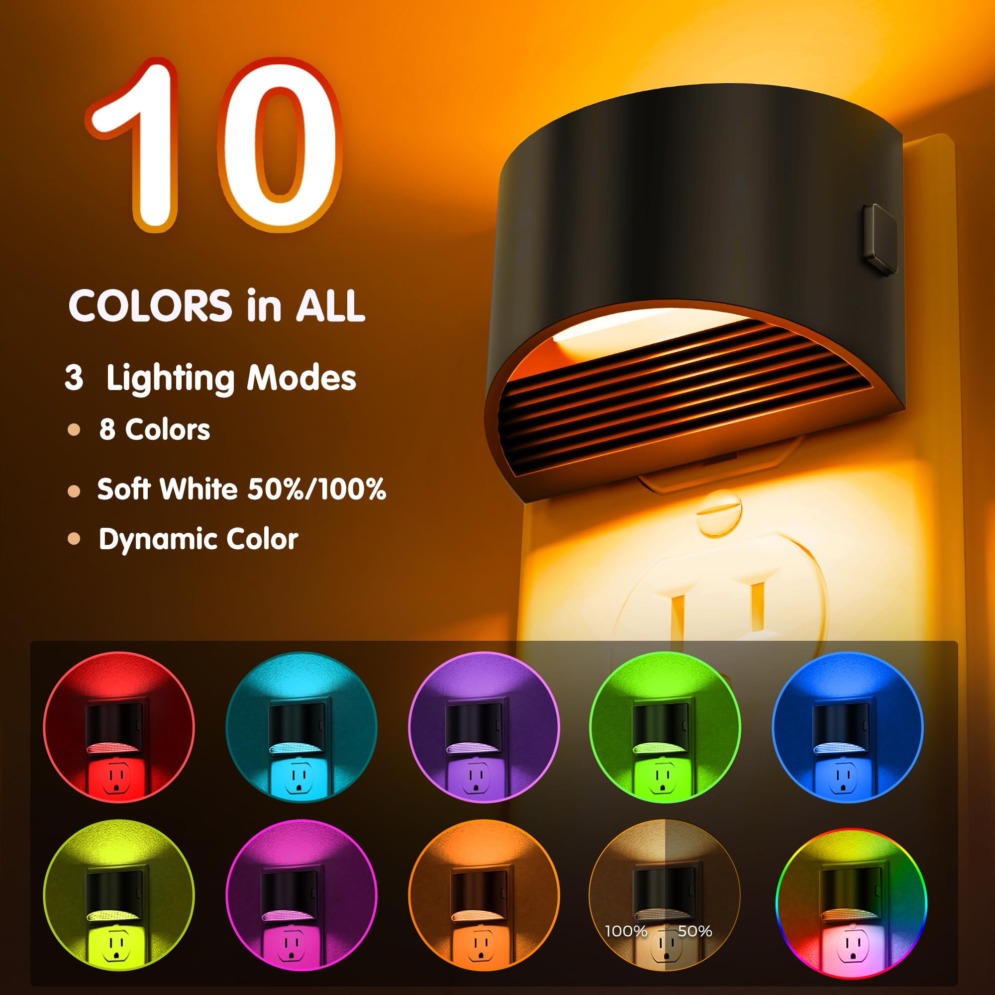 L LOHAS LED Night Lights, 8 RGB Colors, Dusk to Dawn Sensor, 2 Pack, Black-Multi Colors, Model GY10709US-2